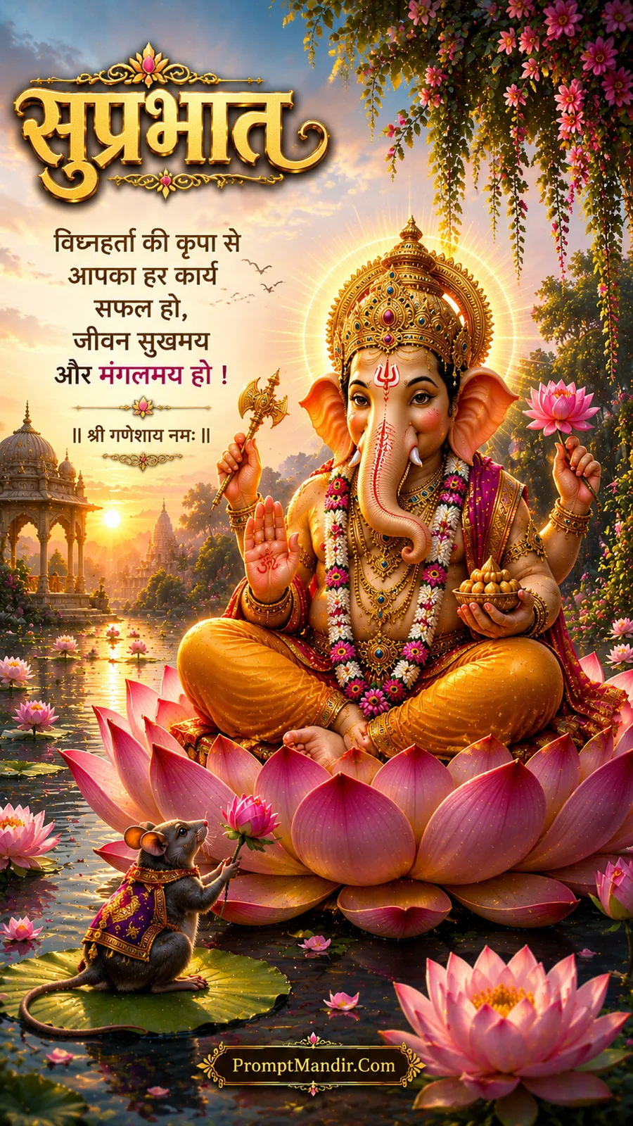 Lord Ganesha standing on the steps of a grand golden temple at sunrise, raising his hand in blessing
