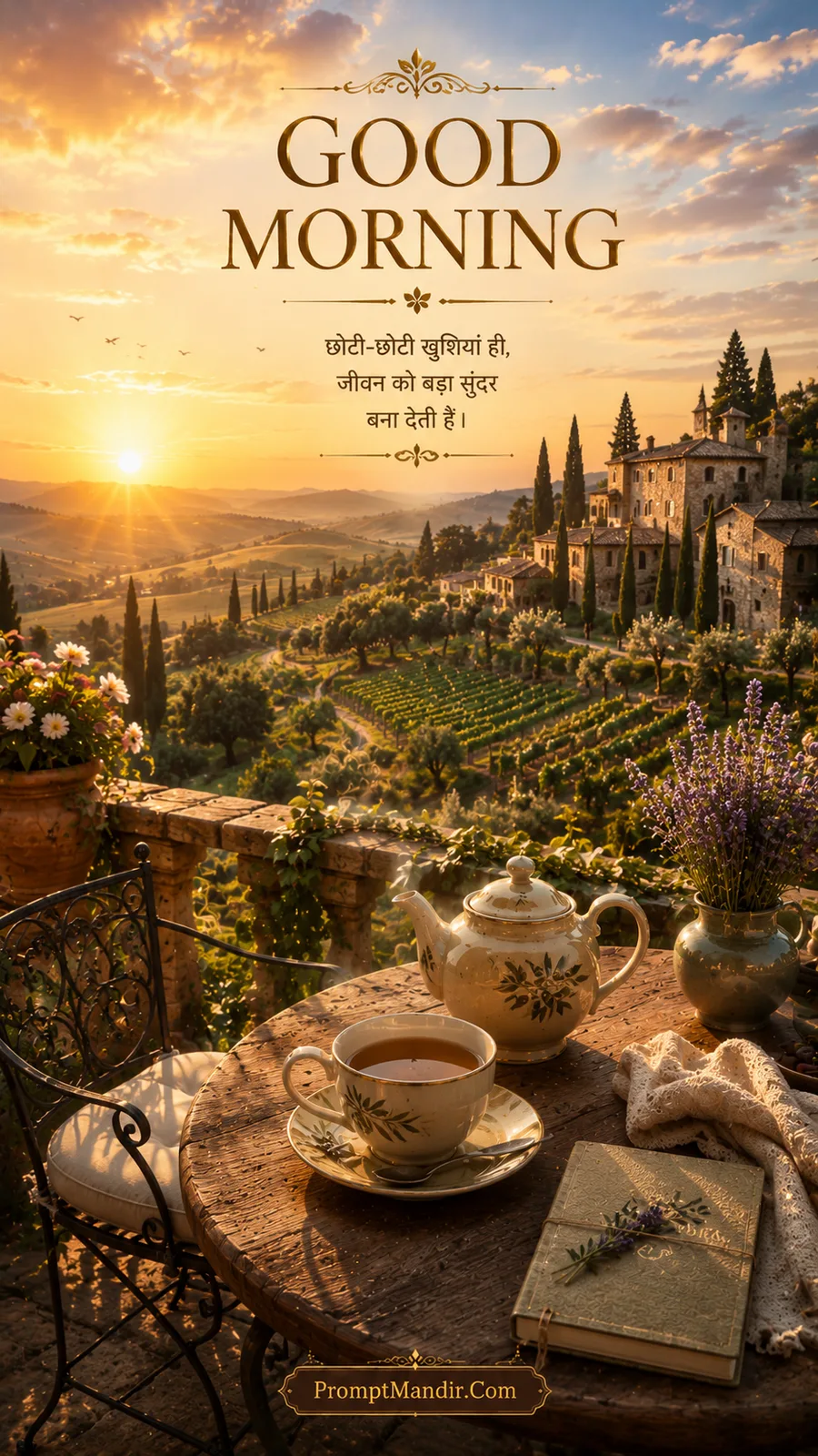 Good Morning scene of a rustic balcony overlooking a Tuscan vineyard and hills at sunrise, with tea and a book on a wooden table