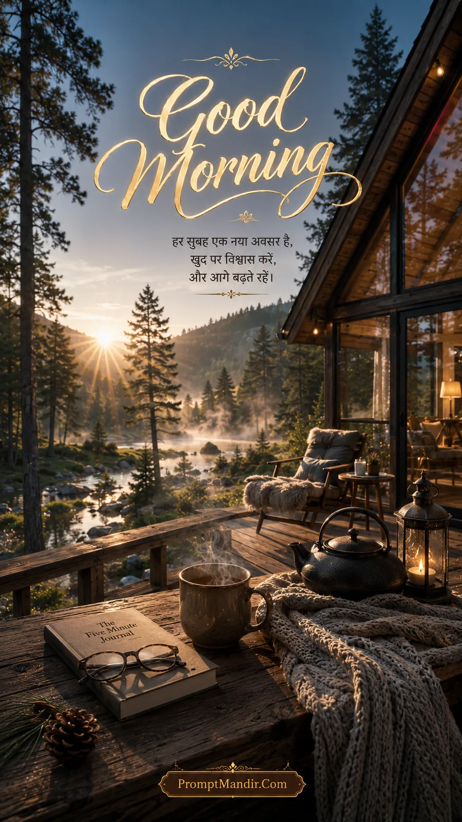 Good Morning scene of a wooden cabin deck with a river and pine forest in the background, featuring tea, a lantern, and a journal