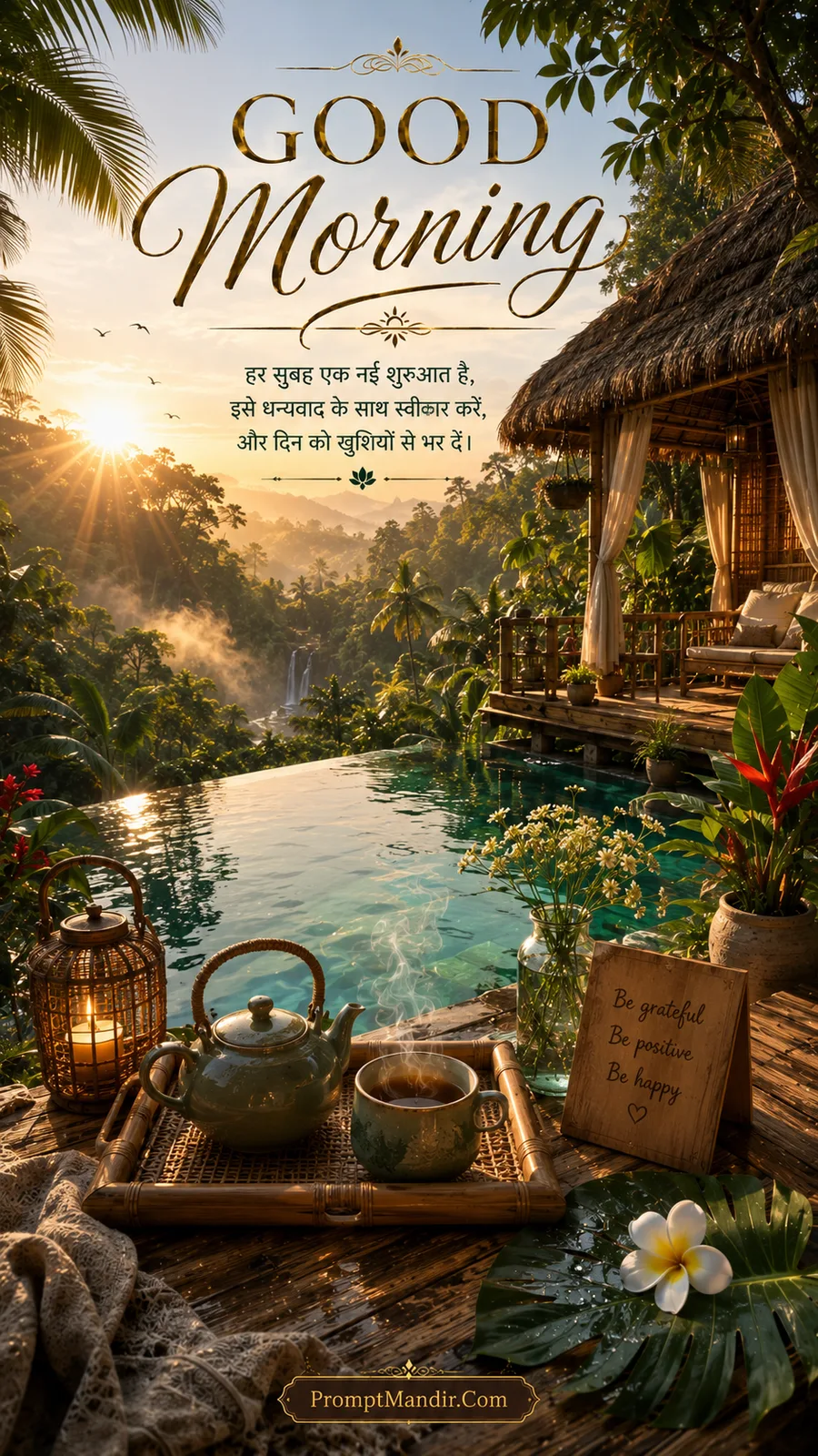 Good Morning scene of a tropical infinity pool villa with lush jungle, a tea tray, a lantern, and a positive affirmation card