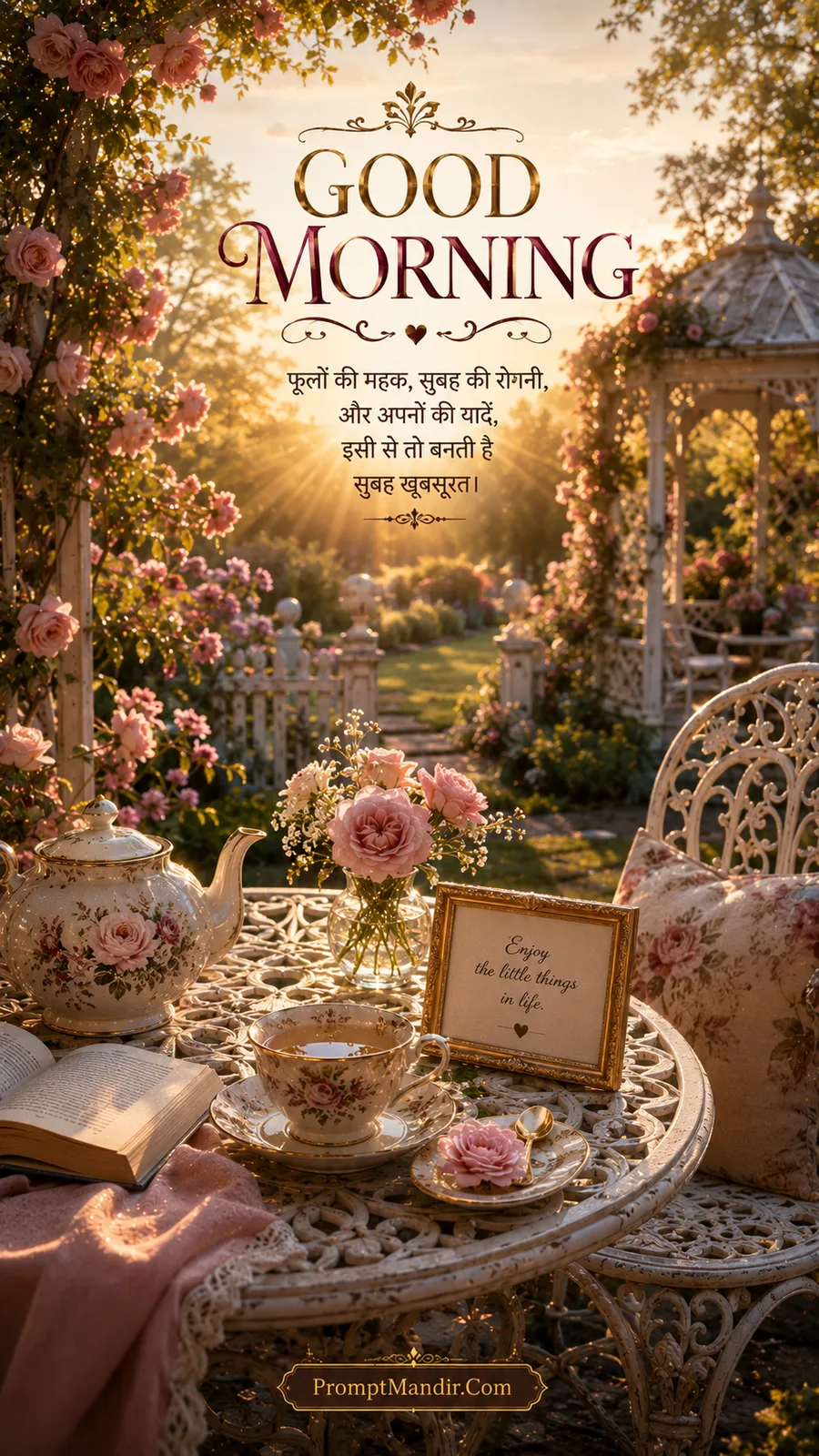 Good Morning scene of a romantic rose garden gazebo with white wicker furniture, porcelain tea set, and an open book