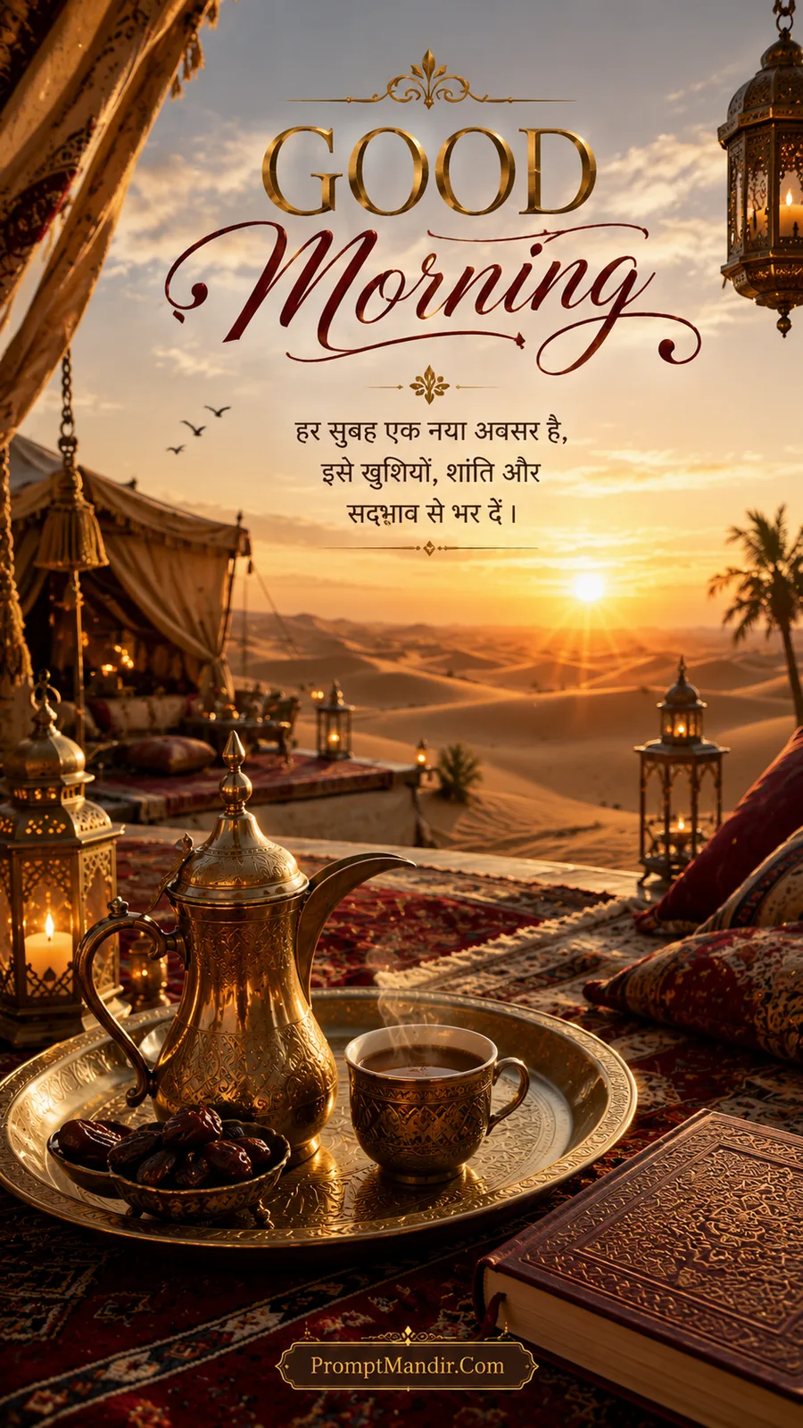 Good Morning scene of a traditional Arabian desert camp with sand dunes, a brass coffee set, dates, and a glowing lantern