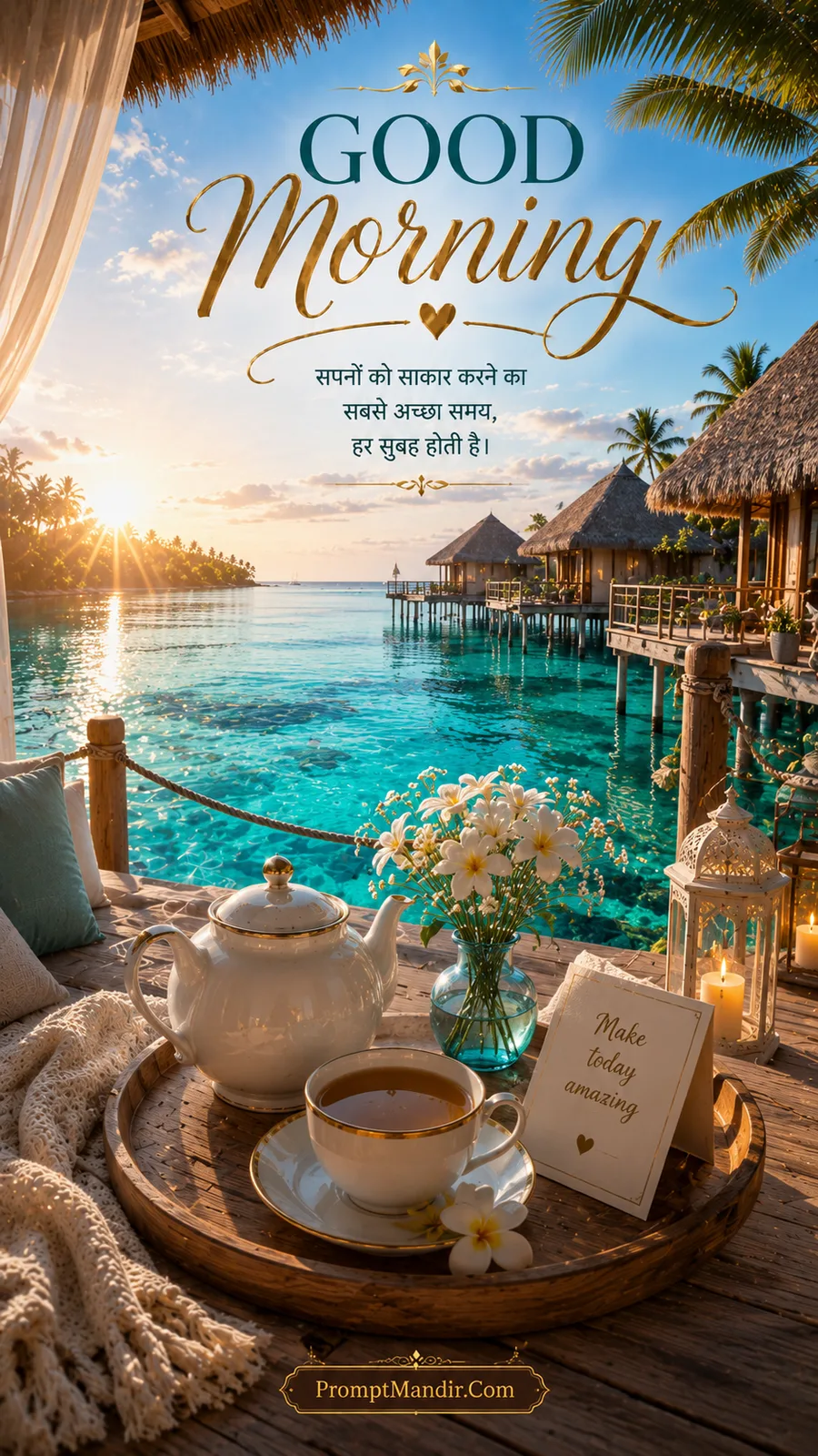 Good Morning scene of a tropical overwater bungalow in the Maldives with turquoise water, a tea tray, and a lantern