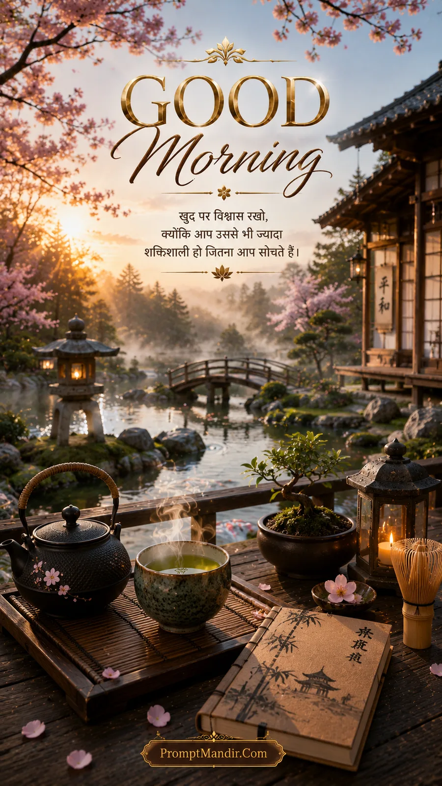Good Morning scene of a traditional Japanese Zen garden with a black iron teapot, matcha tea, a bonsai tree, and a stone lantern
