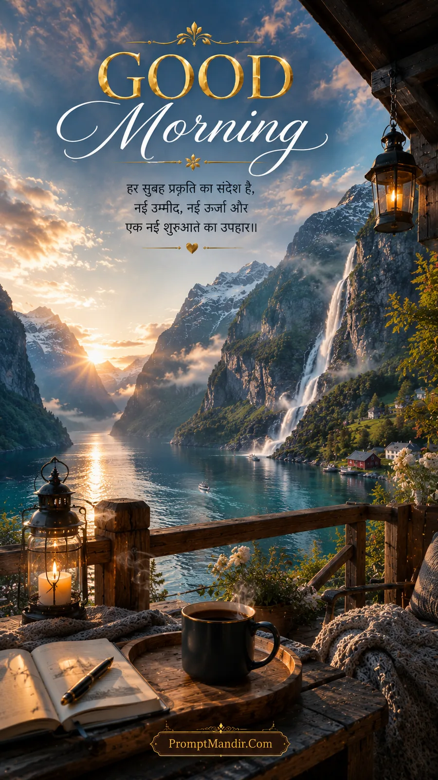 Good Morning scene of a wooden balcony overlooking a Norwegian fjord with snow-capped mountains and a waterfall
