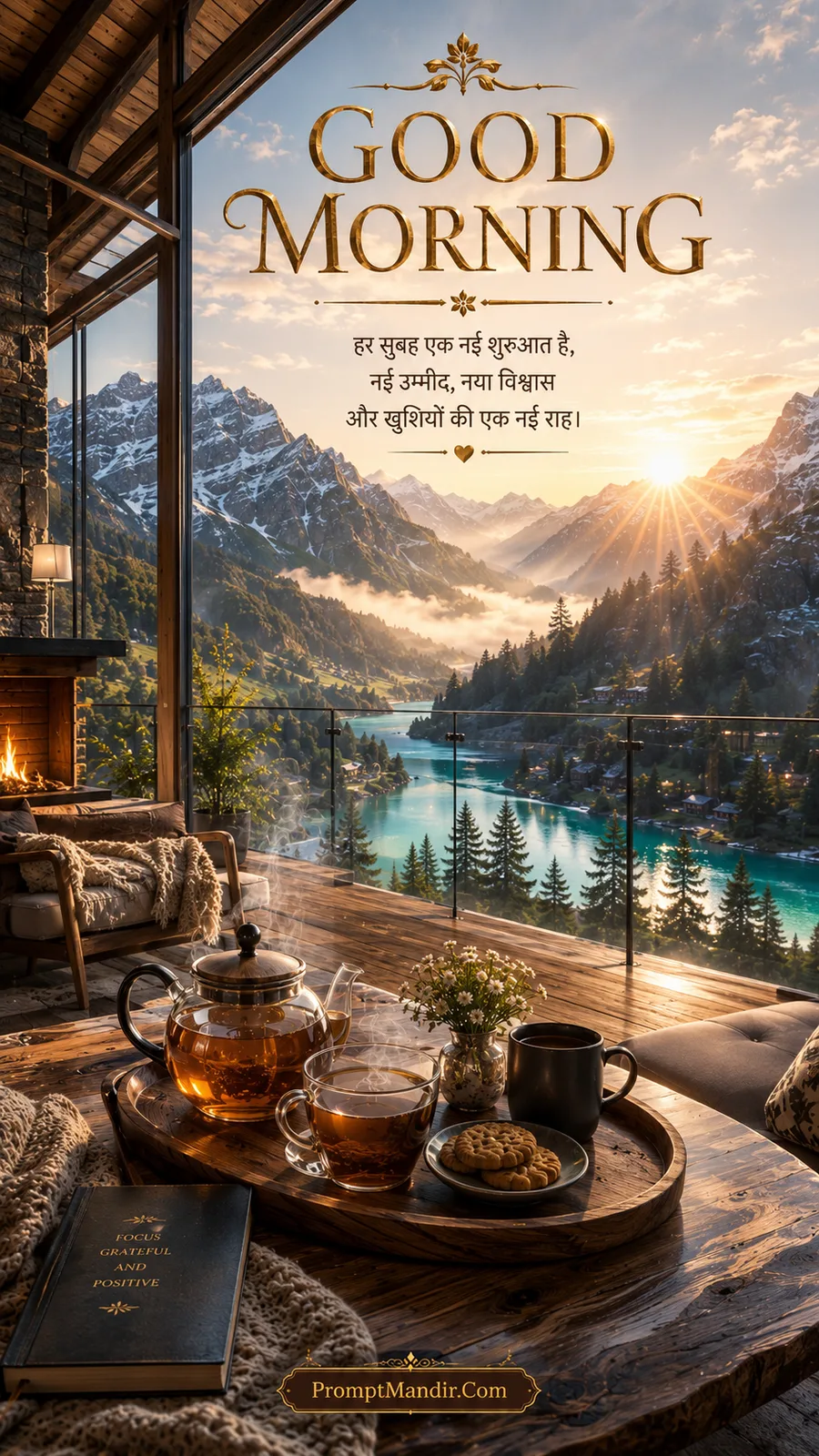 Good Morning scene of a modern glass balcony overlooking a serene lake and snow-capped mountains, with tea and cookies
