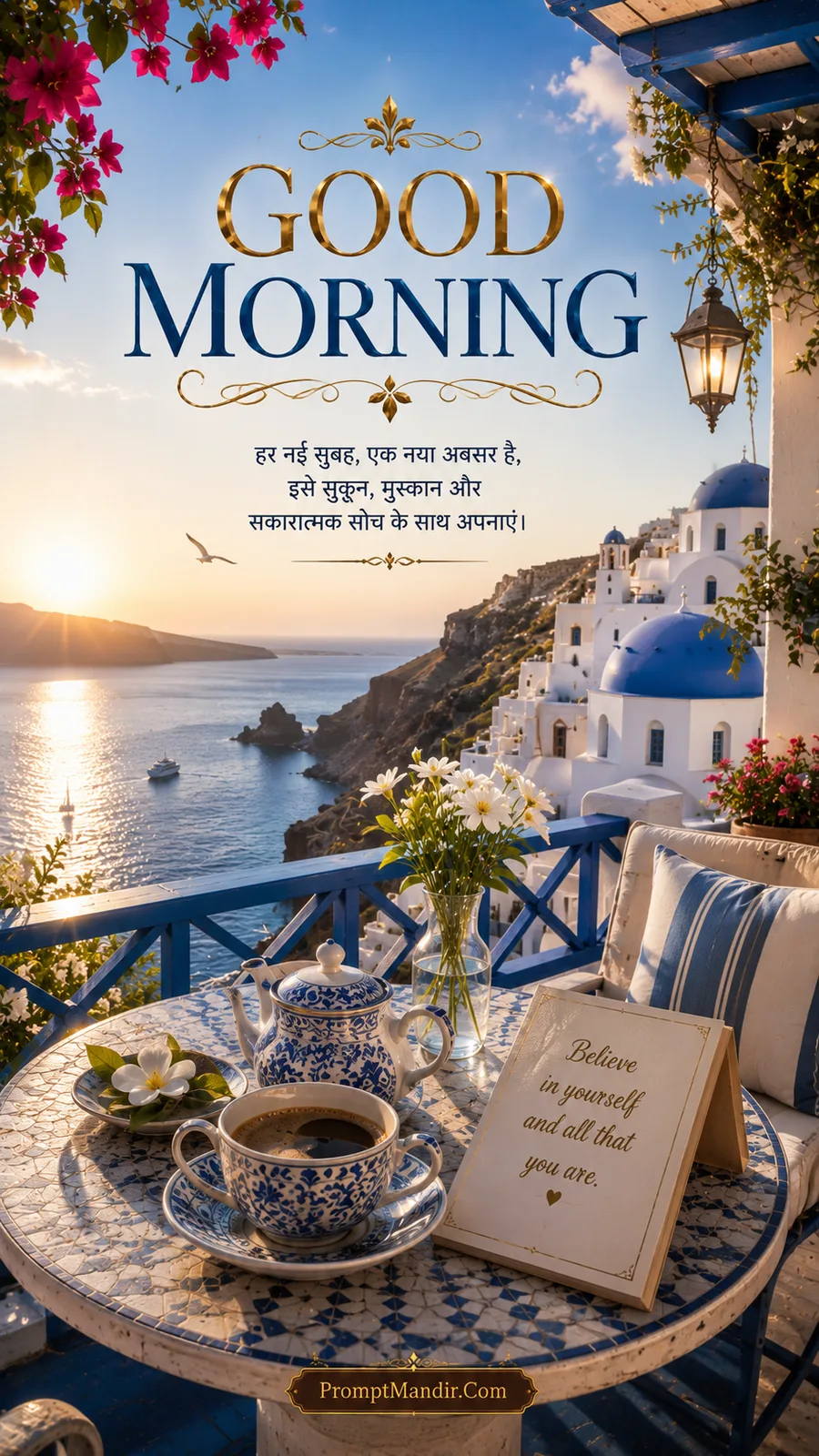 Good Morning scene of a Santorini balcony overlooking the Aegean Sea, with a blue-and-white tea set and a positive affirmation card