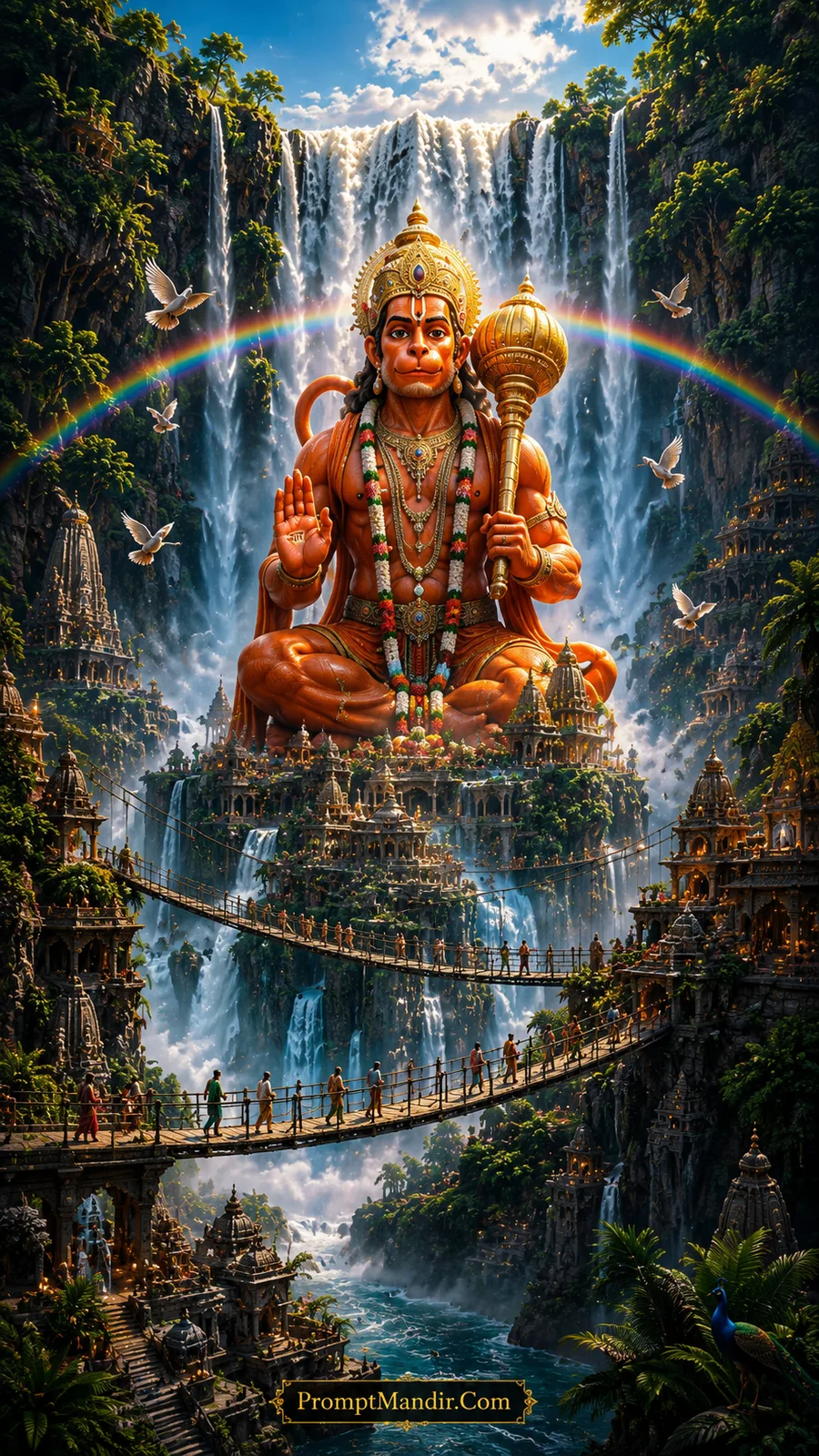 Giant Lord Hanuman seated in blessing posture on a mountain temple city, surrounded by massive waterfalls, a rainbow, and hanging bridges with devotees