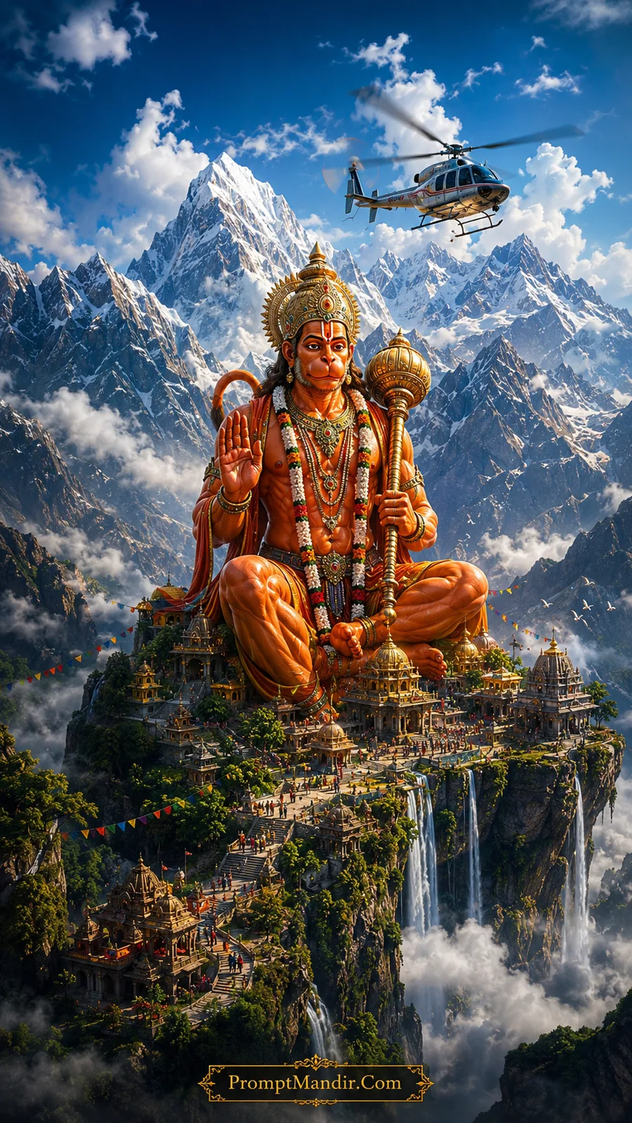 Giant Lord Hanuman seated on a mountain temple surrounded by snowy Himalayan peaks, clouds, and a flying helicopter
