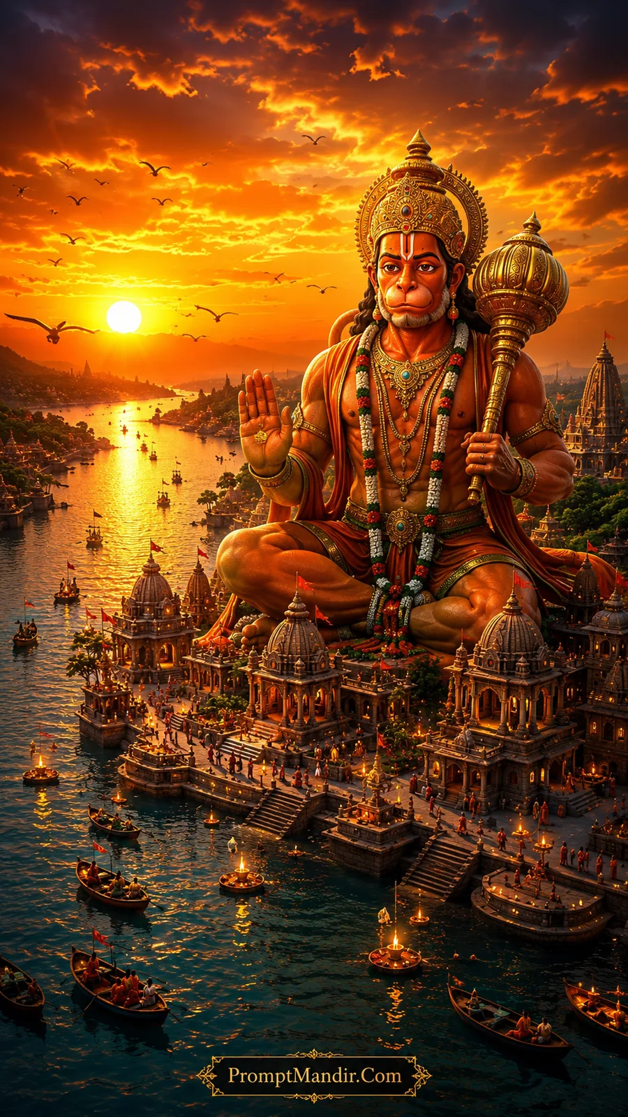 Giant Lord Hanuman seated on a river temple ghat at sunset, blessing devotees on boats and floating diyas on the water