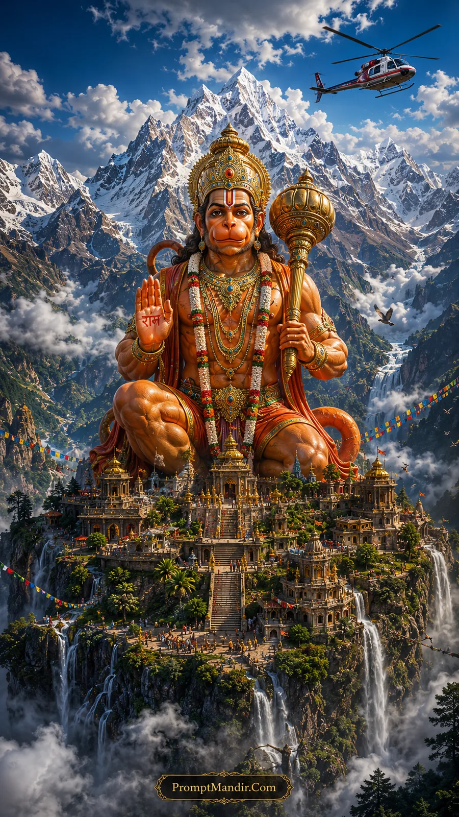 Giant Lord Hanuman seated on a Himalayan temple mountain with waterfalls, prayer flags, and a helicopter flying near snowy peaks