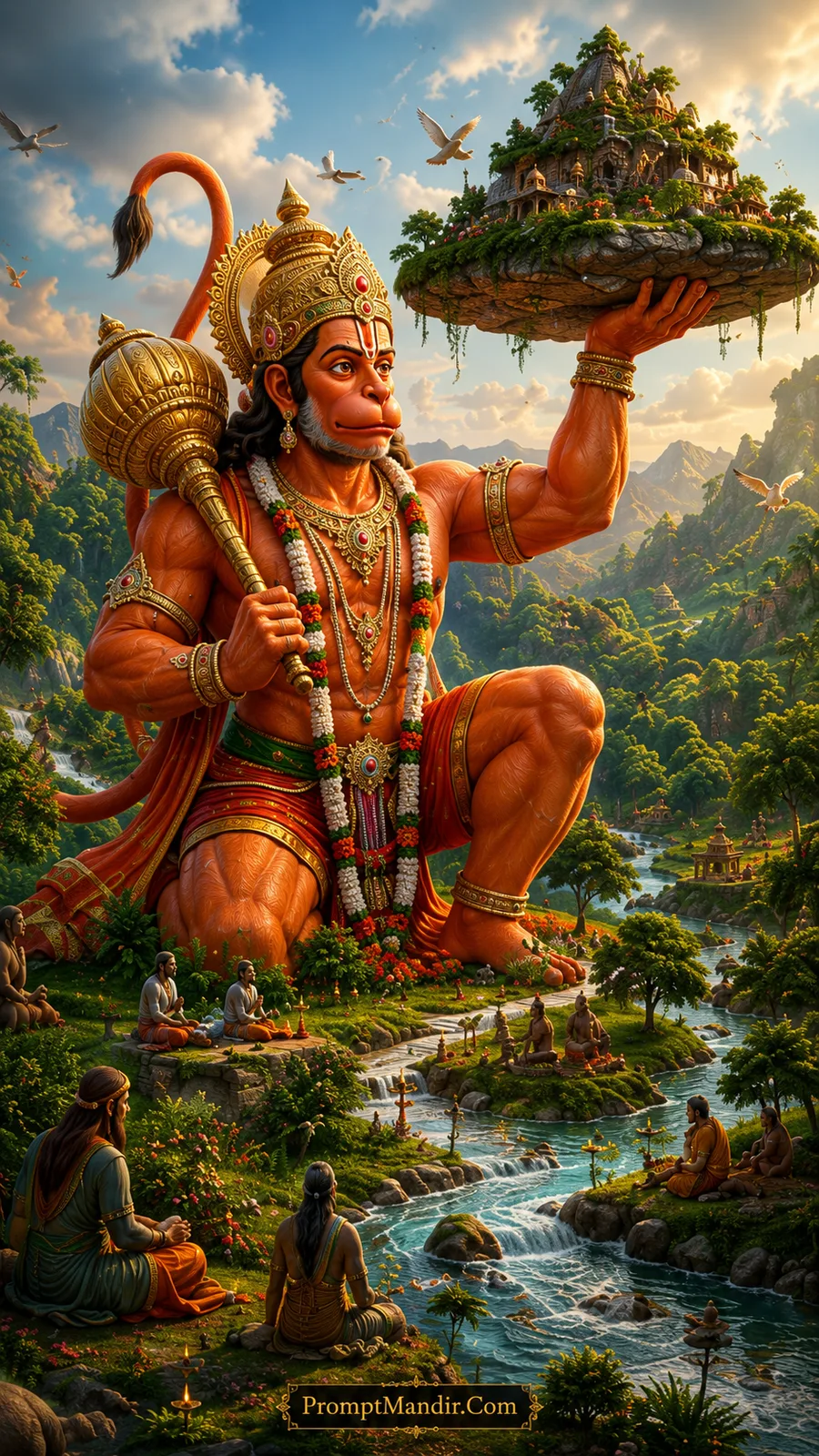 Giant Lord Hanuman holding the Sanjeevani mountain in one hand and his Gada in the other, with sages meditating by a river below