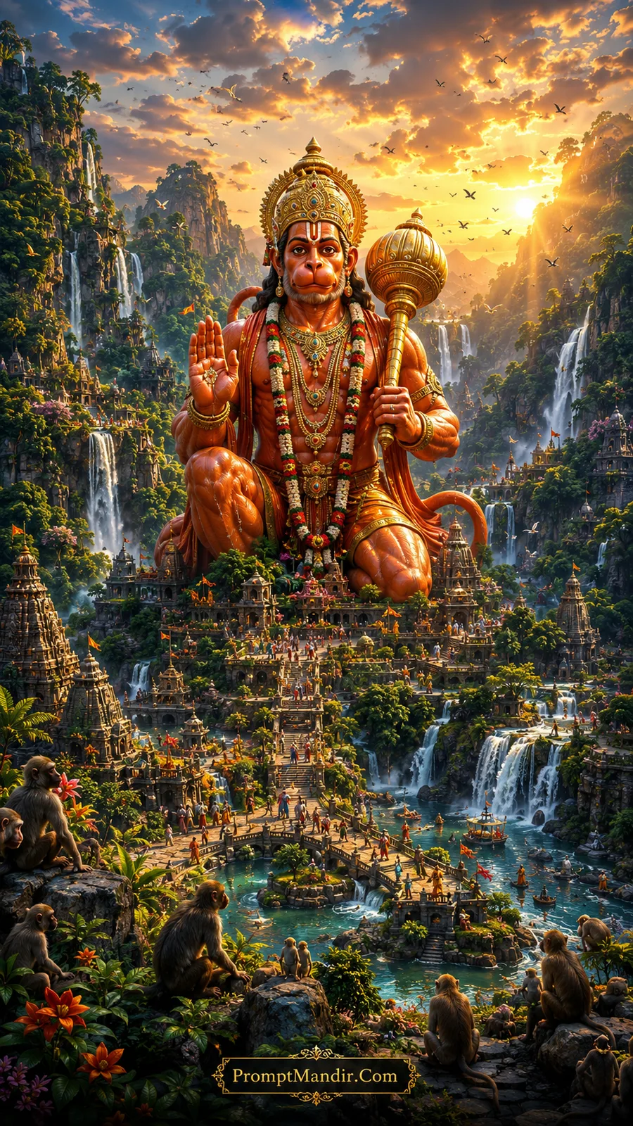 Giant Lord Hanuman seated in a jungle temple city surrounded by waterfalls, monkeys, and devotees under a glowing cloudy sky