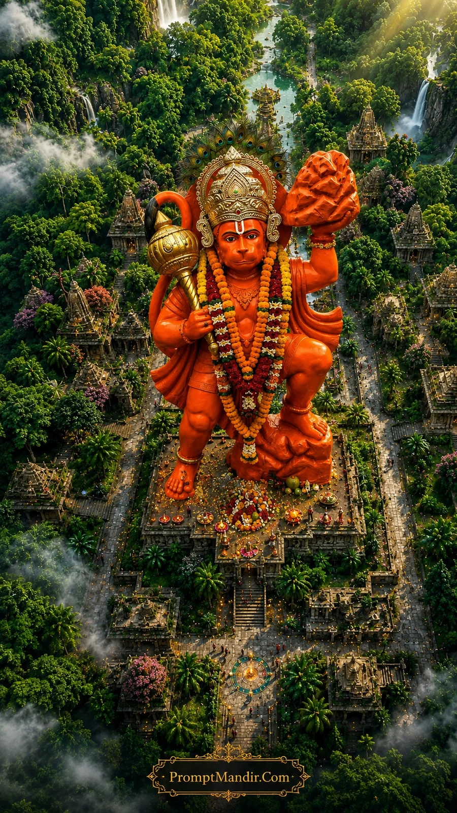 Giant orange Lord Hanuman statue lifting a rock, standing in the middle of a lush green jungle temple with waterfalls and mist