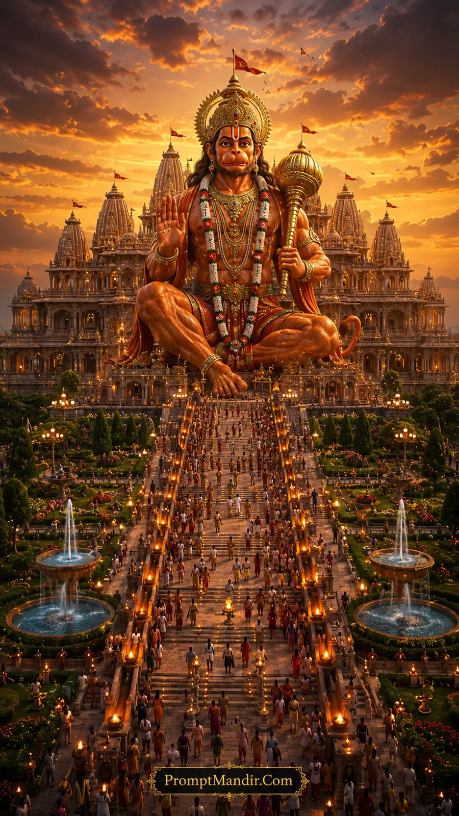 Giant Lord Hanuman blessing devotees from the steps of a magnificent golden palace temple with fountains and a sunset sky