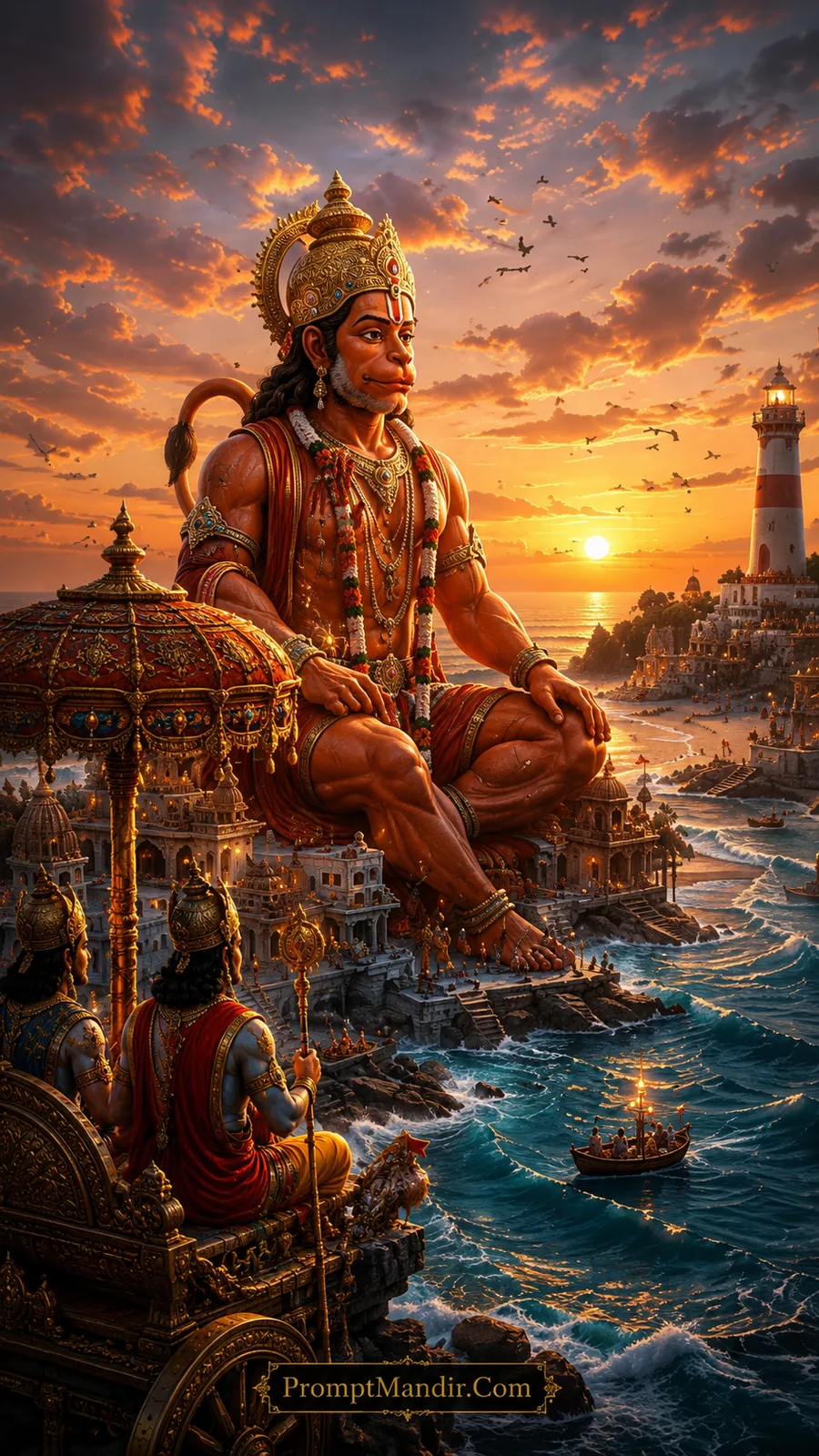 Giant Lord Hanuman seated by the ocean with Lord Rama and Lakshmana in a chariot, watching a lighthouse and sailing boats at sunset