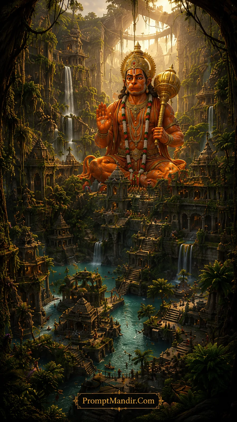 Giant Lord Hanuman seated in a lush tropical stone temple city nestled in a jungle valley with massive waterfalls and hanging bridges