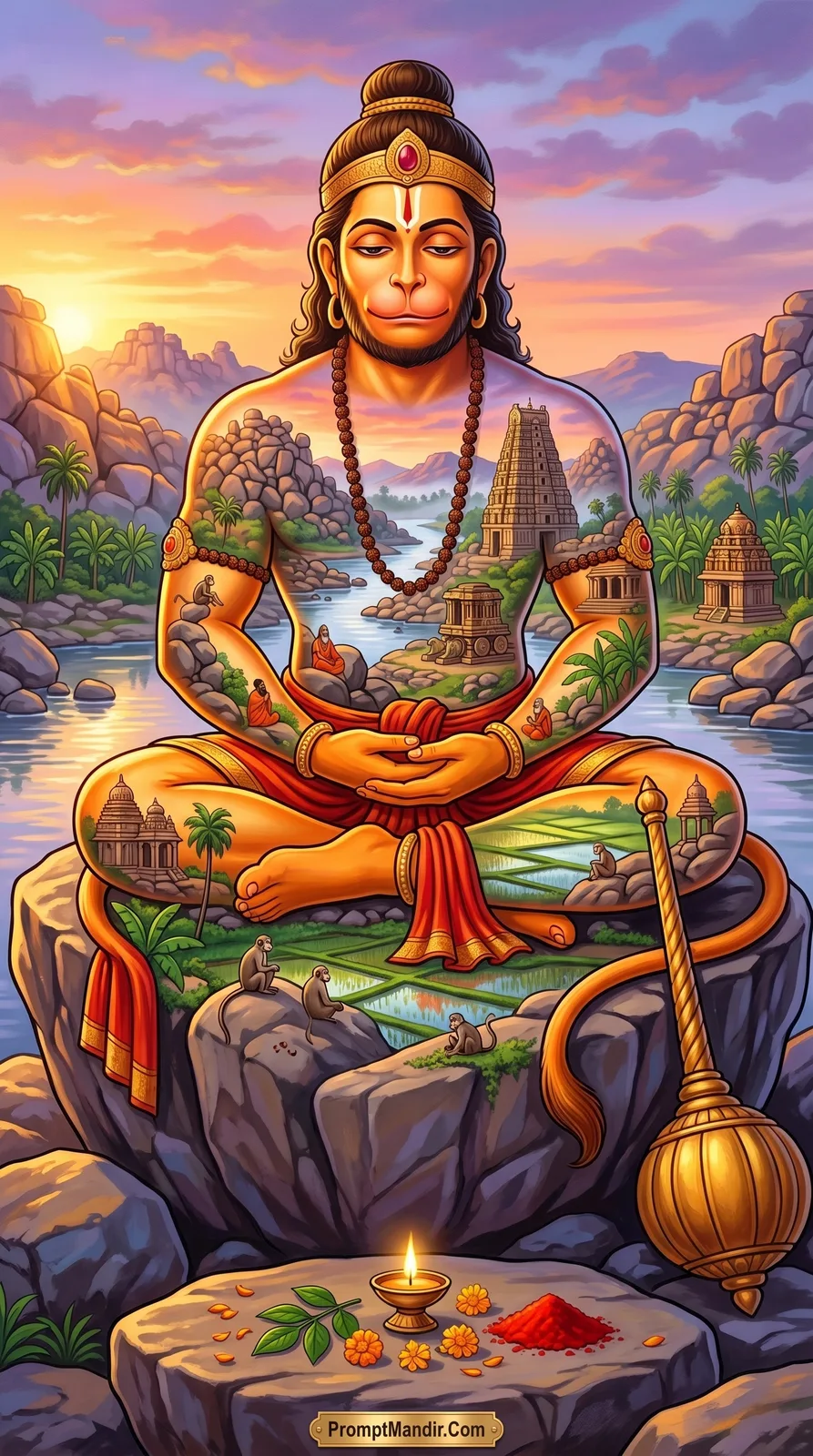 Meditating Lord Hanuman with his body merging into a landscape of temples, monkeys, and a river on a rocky island