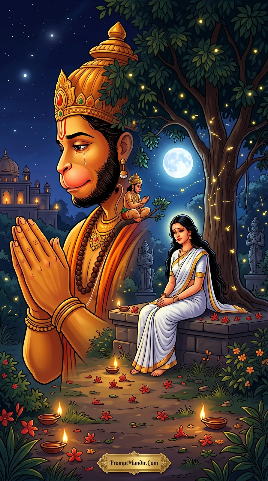 Emotional artwork of a giant Lord Hanuman with tears in his eyes, praying under a moonlit night while Goddess Sita sits on a stone ledge