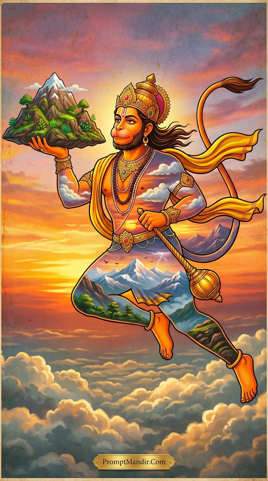 Lord Hanuman flying through the clouds carrying the Sanjeevani mountain, with a sunset sky and Himalayan landscapes on his body