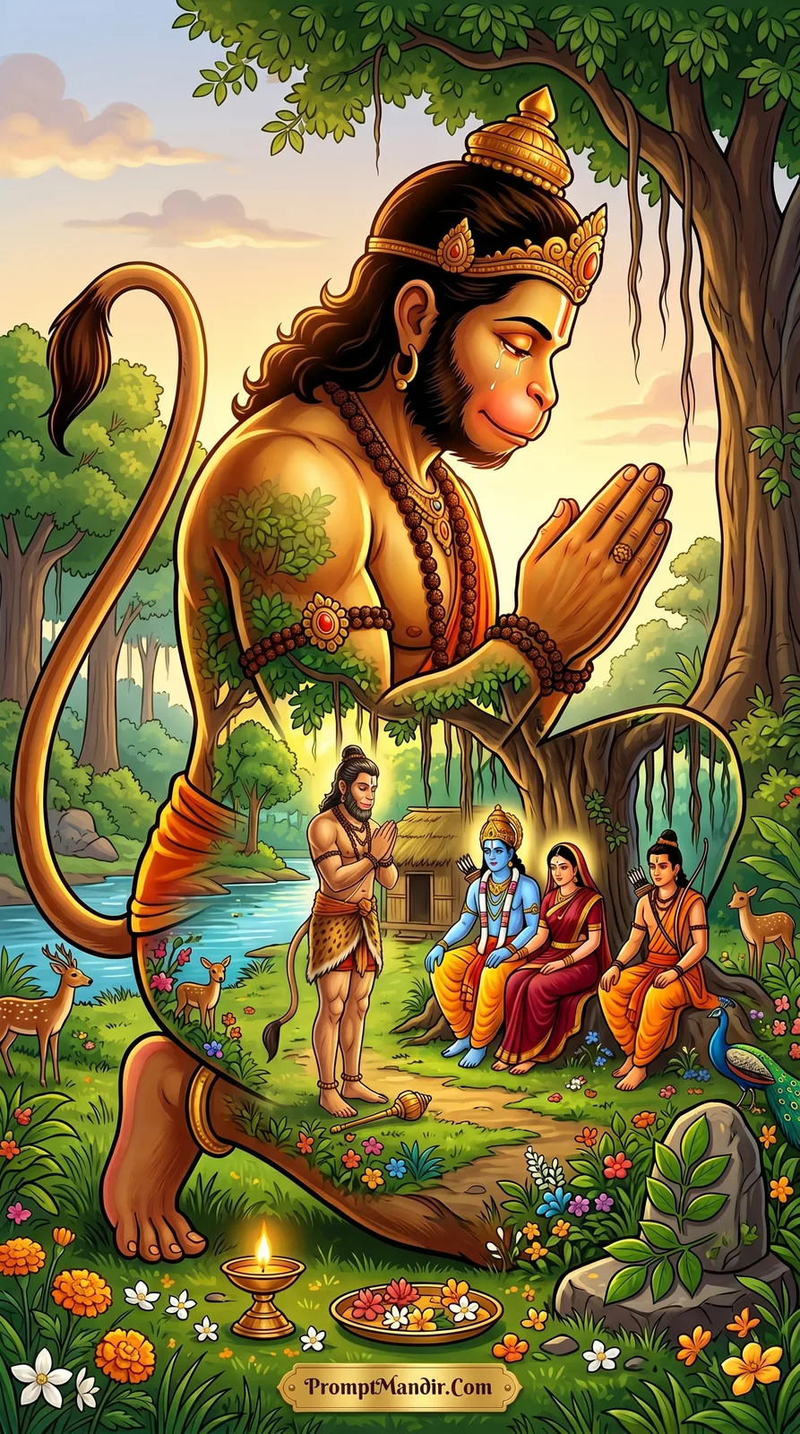Giant emotional Lord Hanuman with tears in his eyes, bowing in prayer before Lord Rama, Goddess Sita, and Lakshmana in a forest