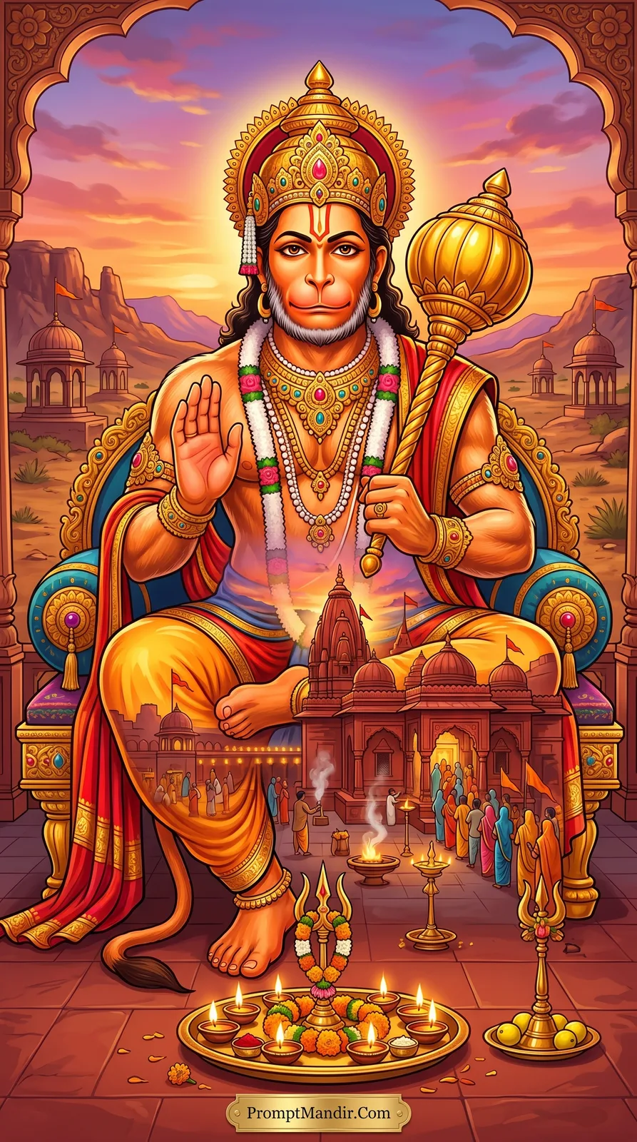 Lord Hanuman seated on a royal throne blessing devotees, with a temple scene depicted on his lap and a aarti thali in the foreground