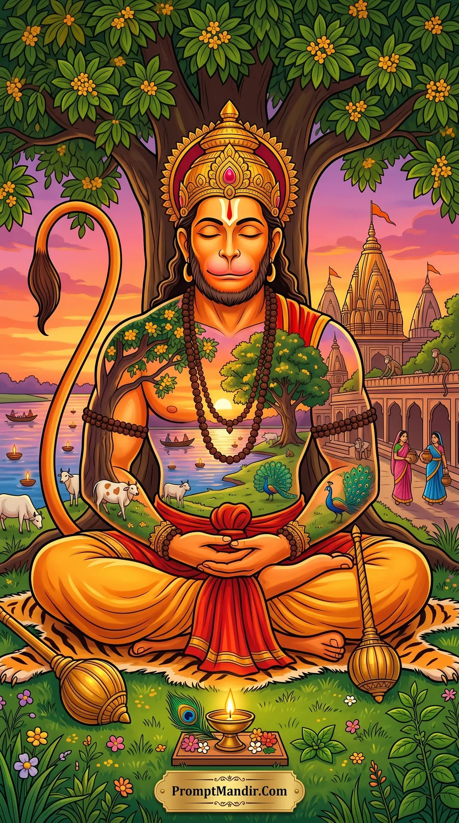 Meditating Lord Hanuman in a lotus pose under a tree, with a beautiful river and temple landscape painted on his chest and arms