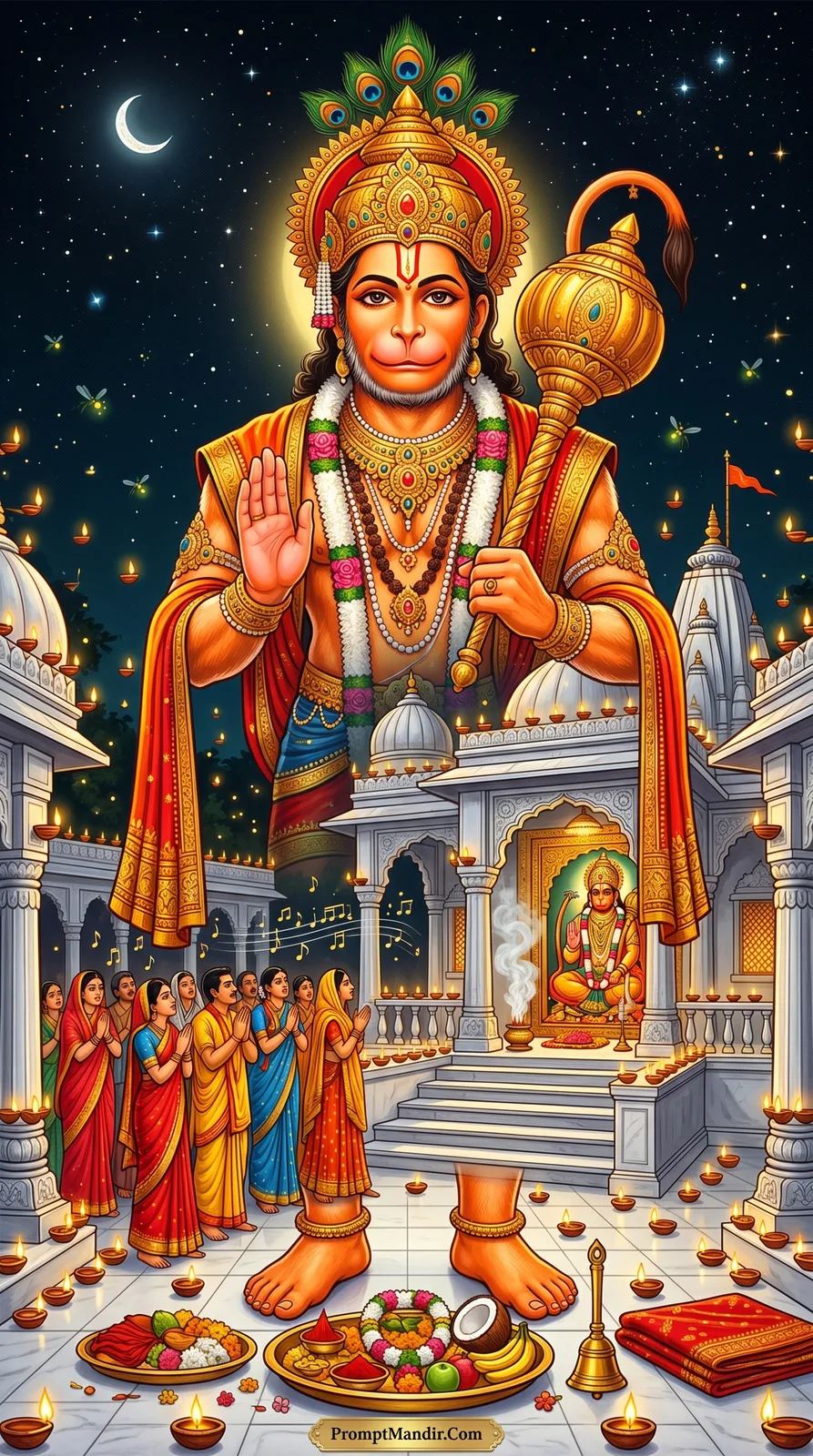 Giant Lord Hanuman standing in a white marble temple at night, blessing devotees during a bhajan ceremony with glowing diyas