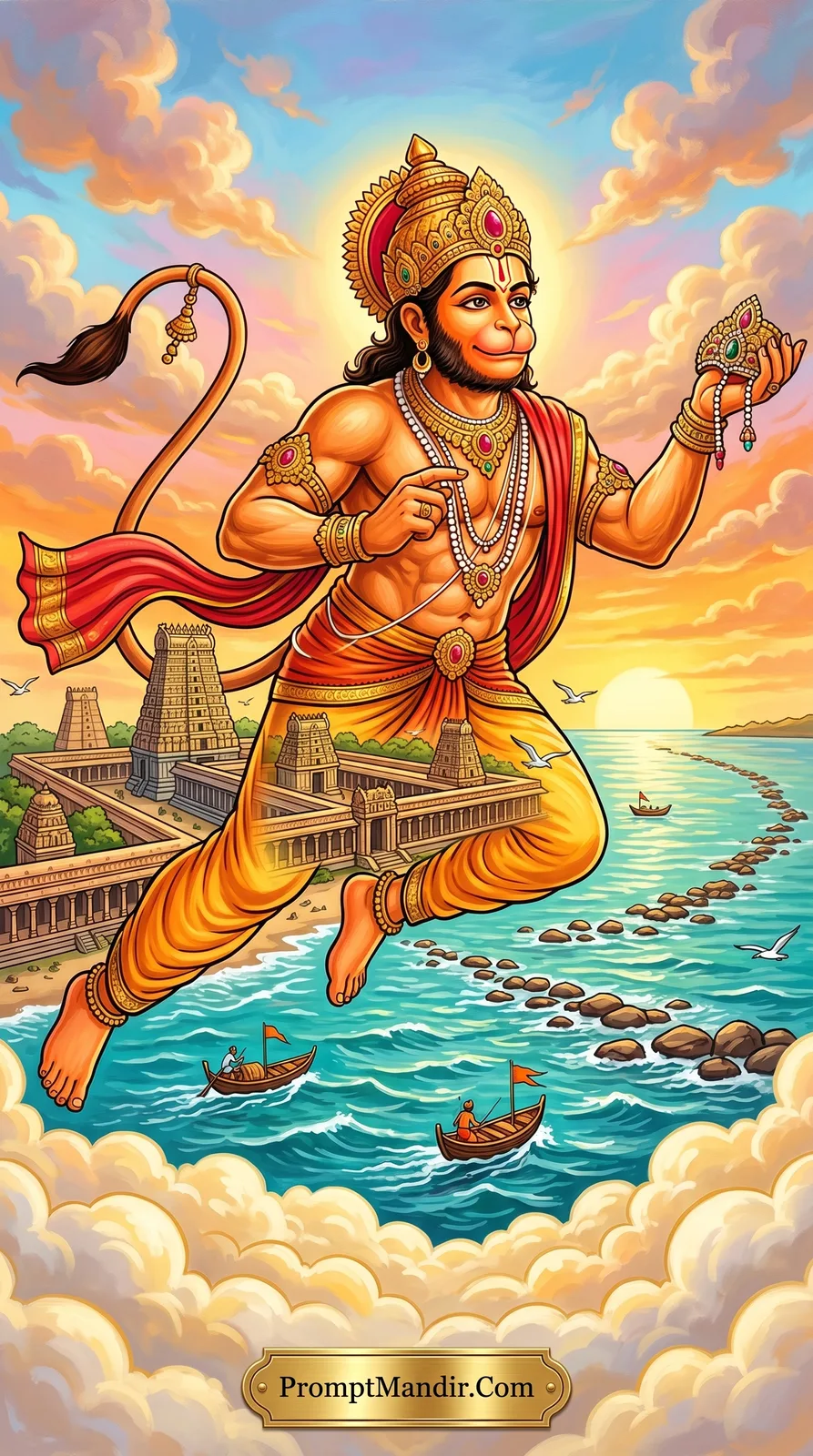 Lord Hanuman flying over the ocean carrying a divine jewel, with a South Indian temple and Ram Setu bridge visible below