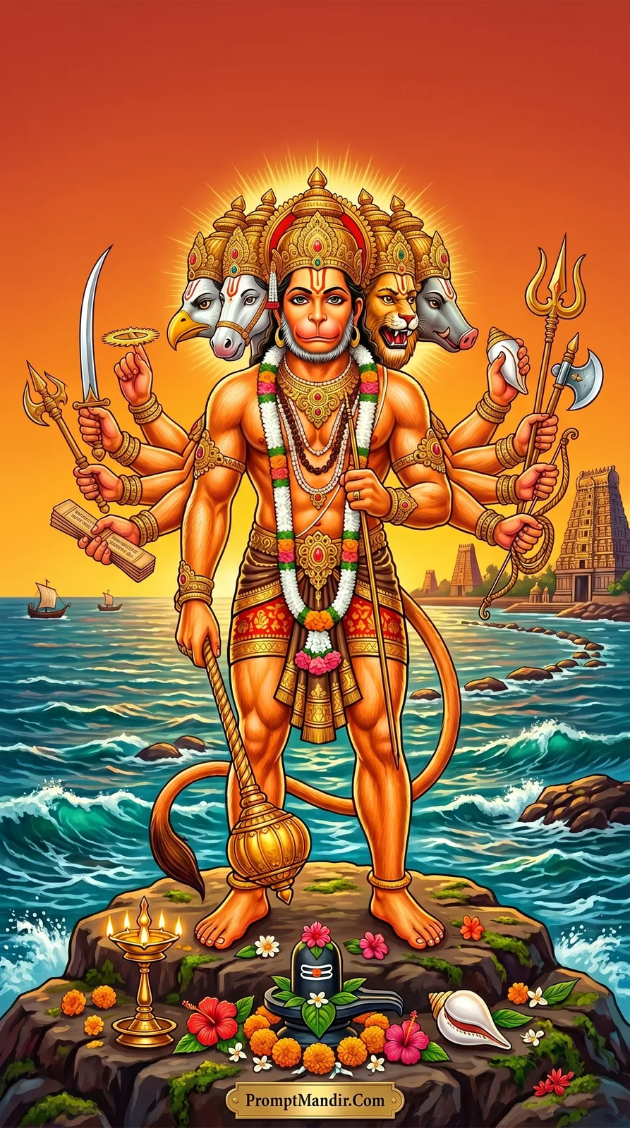 Panchmukhi Lord Hanuman standing on a rocky shore with five faces and multiple arms holding divine weapons, with a Shivling in the foreground