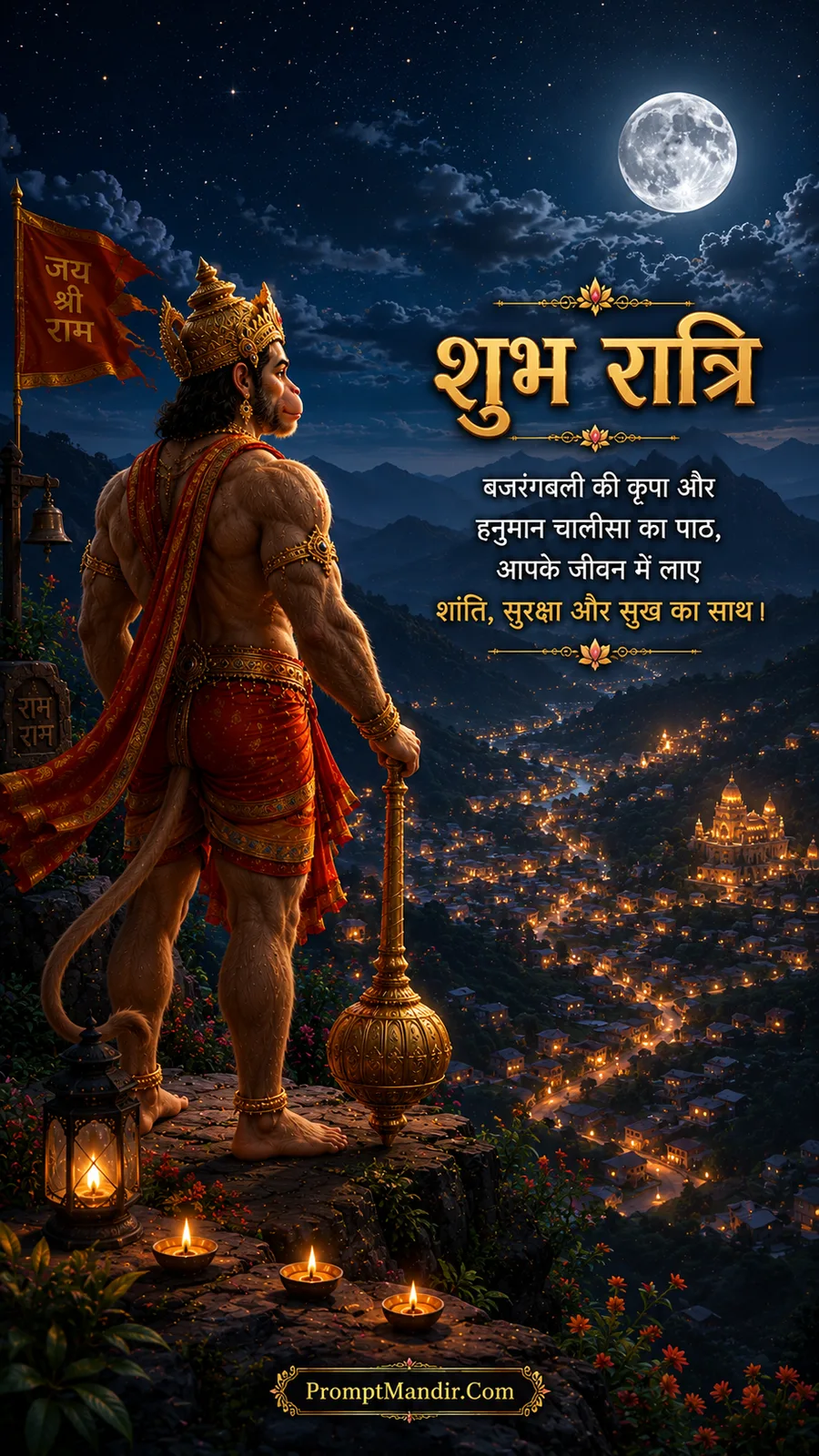 Lord Hanuman standing on a cliff at night, overlooking a glowing city valley under a full moon, with a 'Jai Shri Ram' flag and a Good Night message