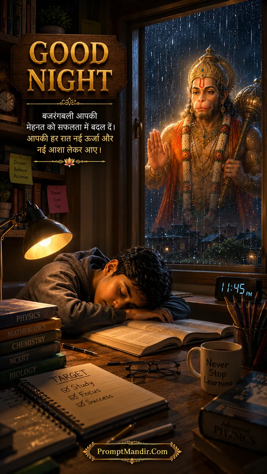 Lord Hanuman blessing a sleeping student from outside a rainy window at 11:45 PM, surrounded by books and study materials