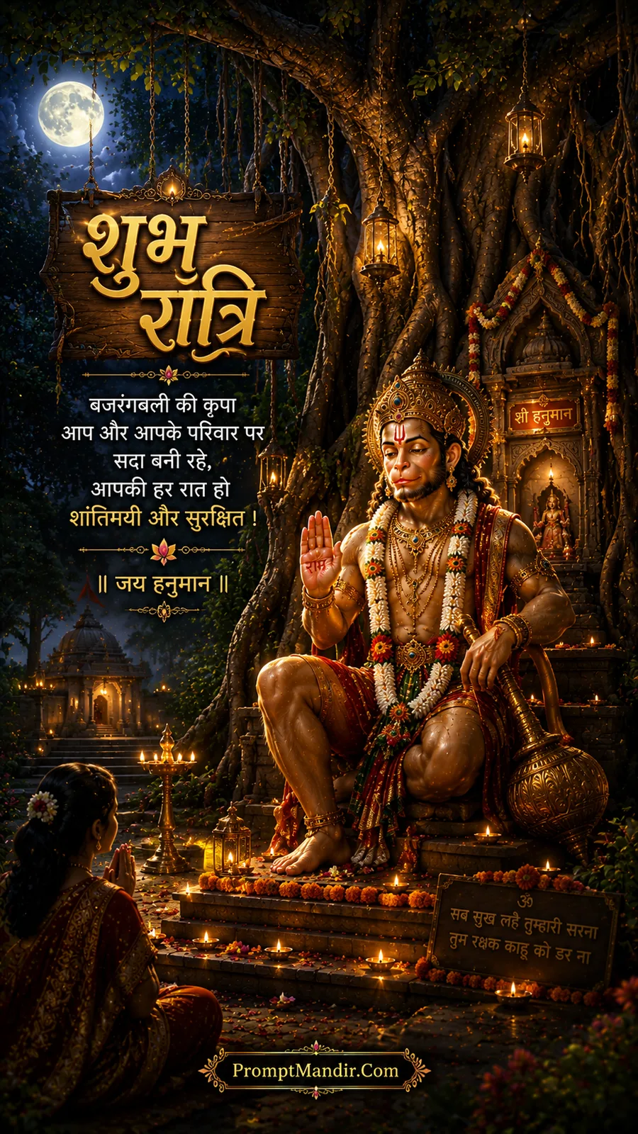 Lord Hanuman seated on a stone platform under a banyan tree, blessing a devotee, with a full moon and a small shrine