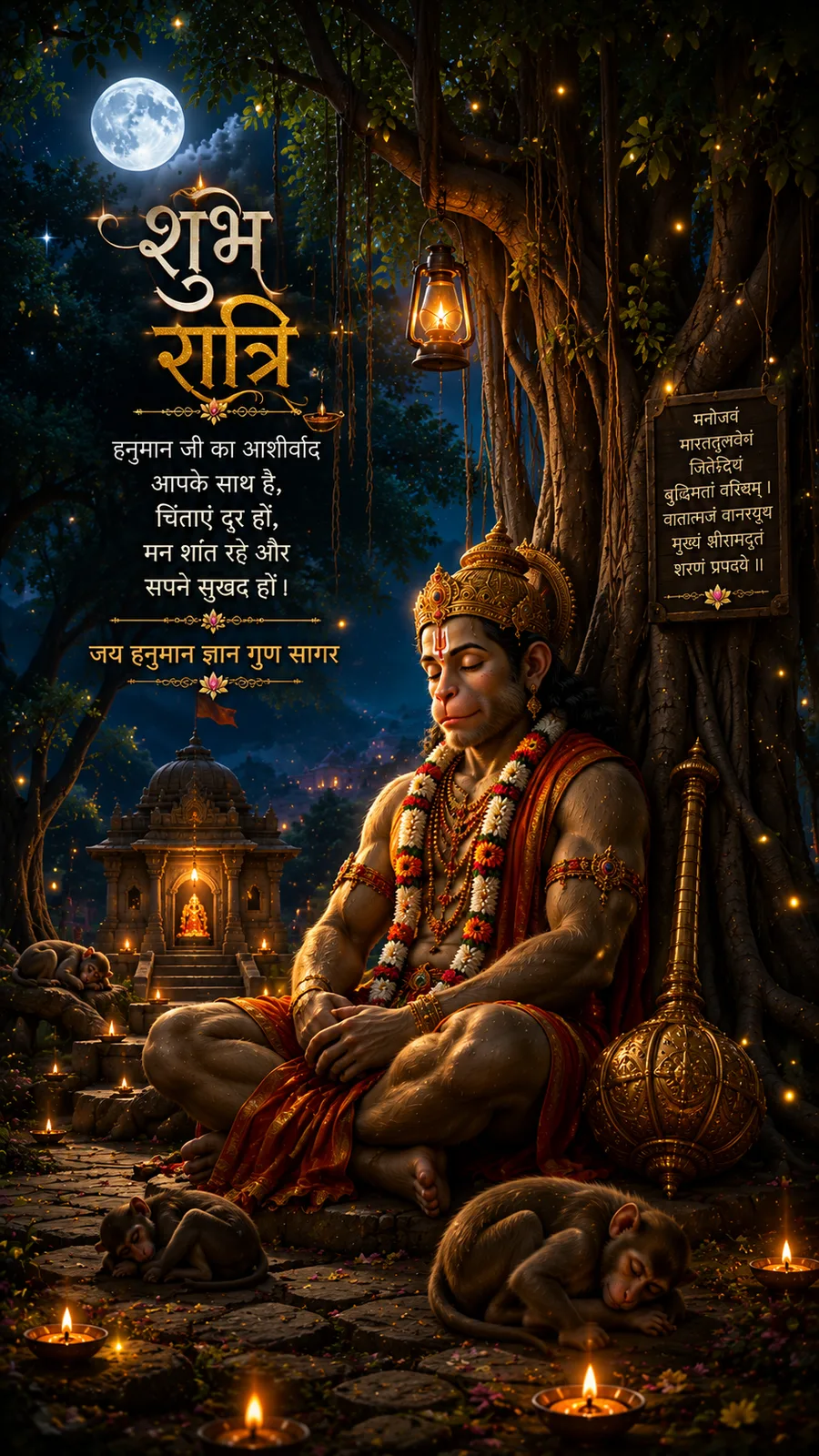 Lord Hanuman meditating under a banyan tree at night, with sleeping monkeys and a glowing temple in the background