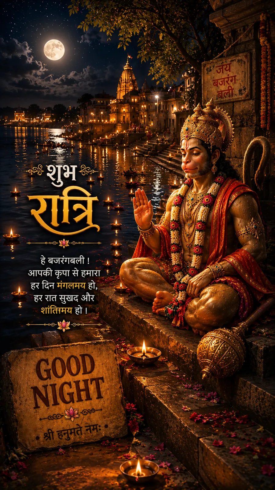Lord Hanuman blessing on the steps of a river ghat at night, with floating diyas and a glowing temple in the background