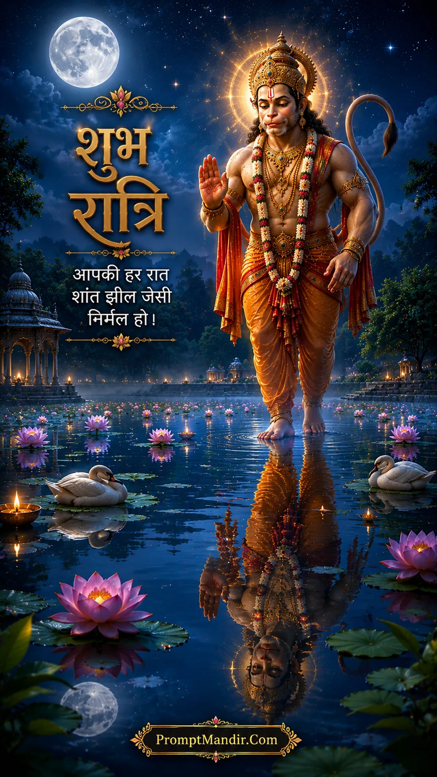 Lord Hanuman walking on the surface of a moonlit lake, blessing, with lotus flowers and swans around him