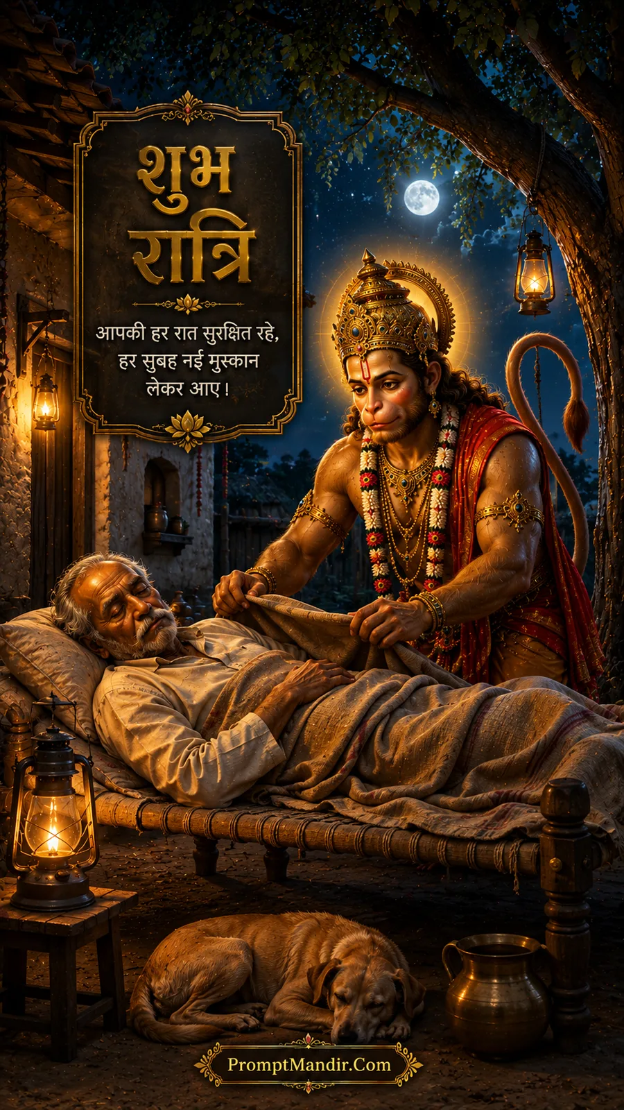 Lord Hanuman gently tucking a sleeping elderly man under a blanket on a cot, with a lantern and a dog nearby
