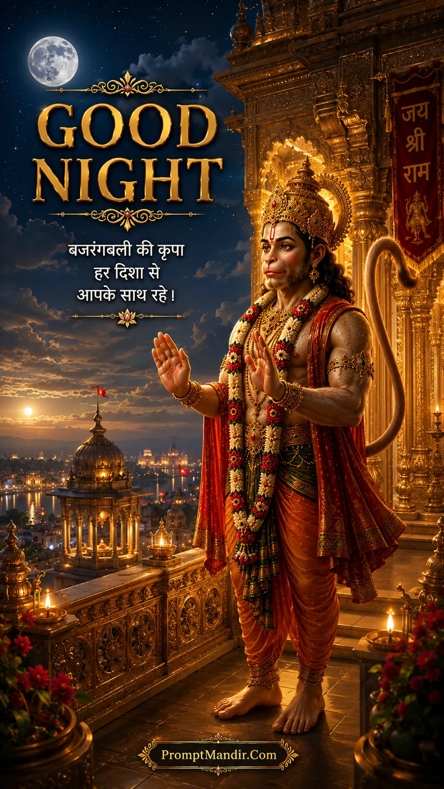Lord Hanuman standing on a grand palace balcony at night, blessing with both hands, with a full moon and a glowing city behind him