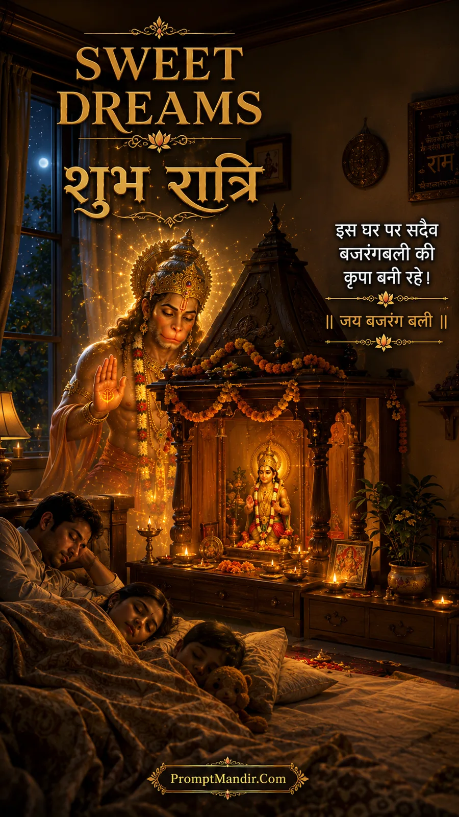 Lord Hanuman blessing a sleeping family in their bedroom, standing beside a home temple with a glowing aura