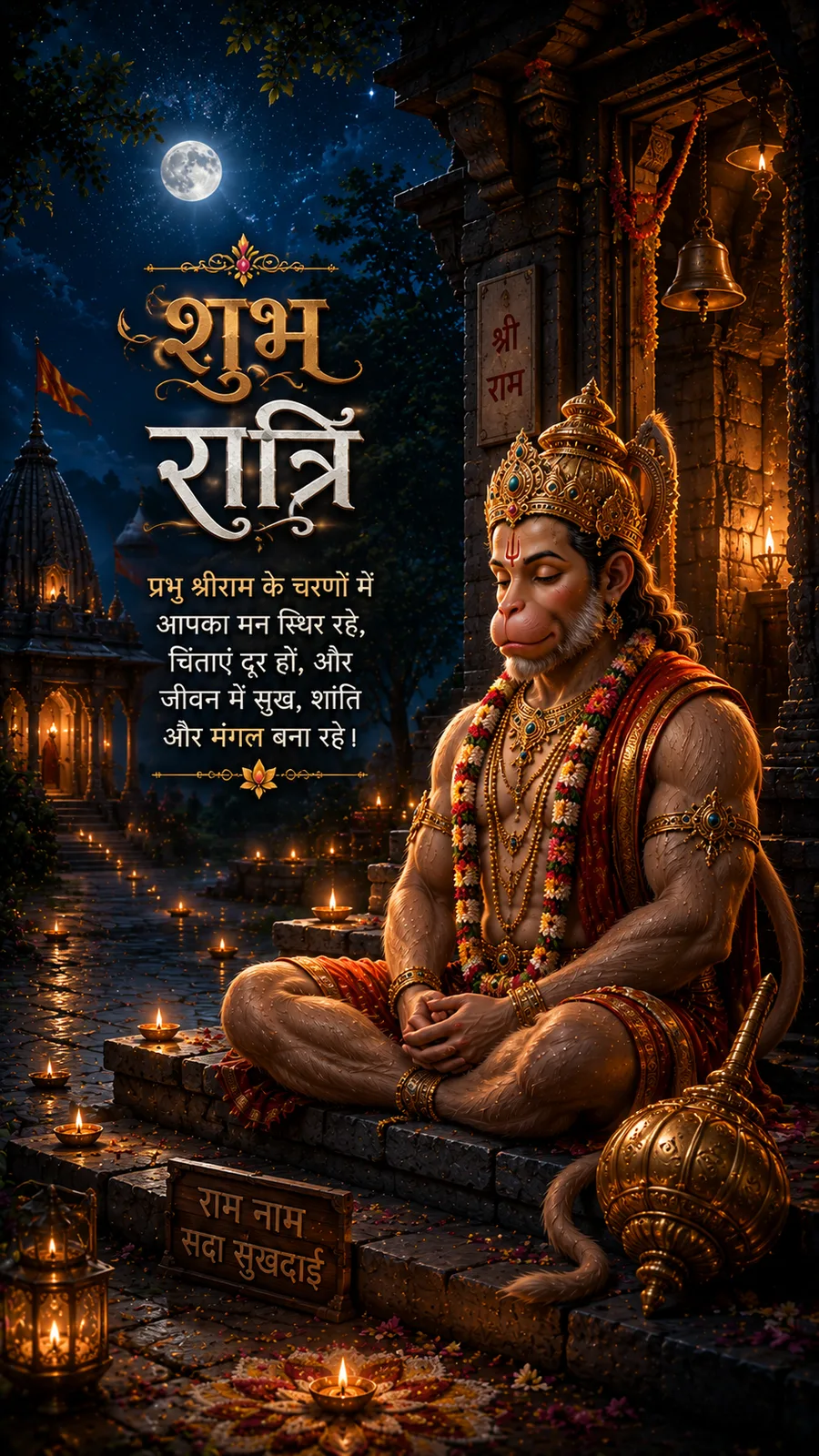 Lord Hanuman meditating on the steps of a temple at night, with a glowing diya and a 'Ram Naam' signboard