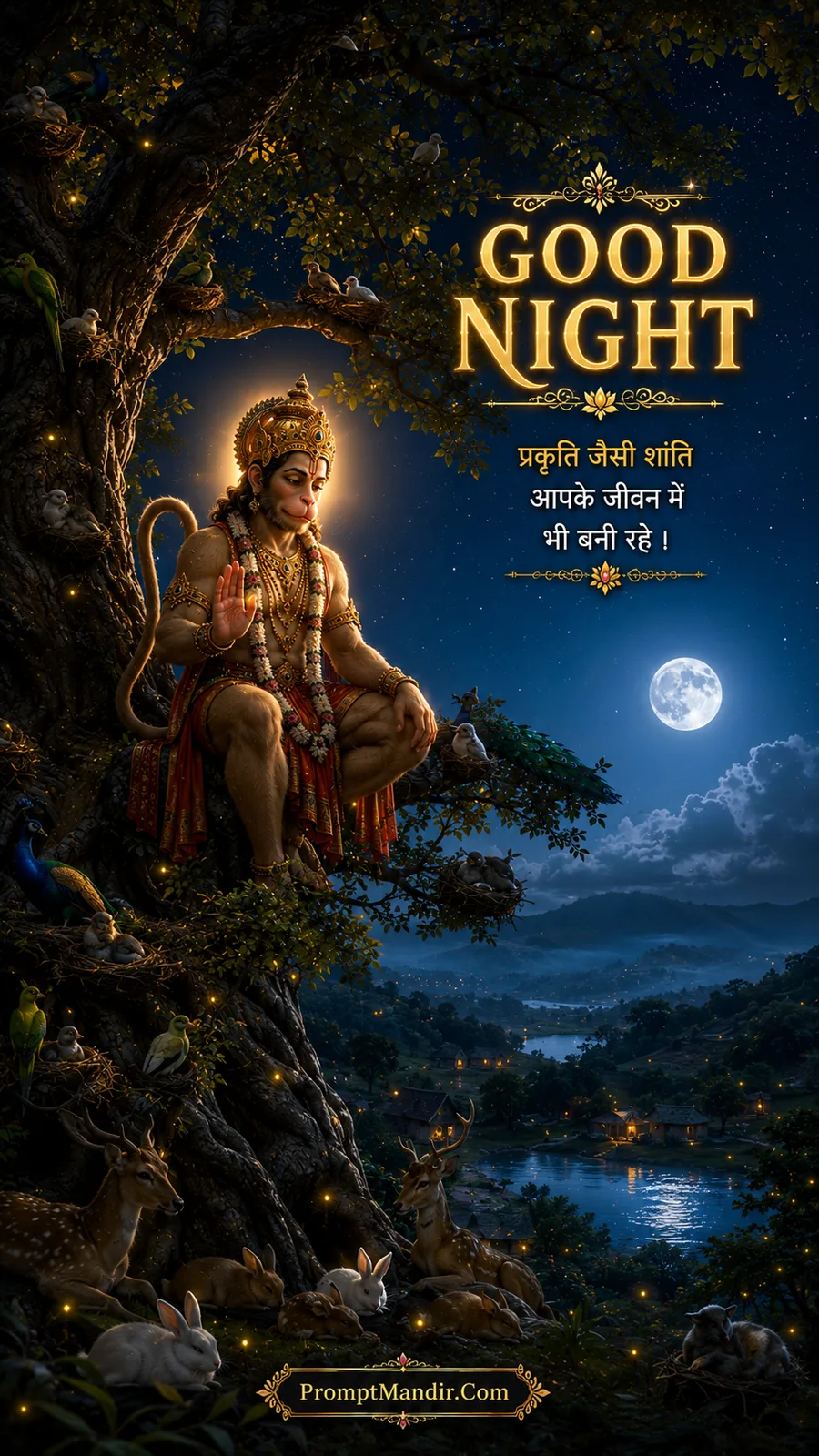 Lord Hanuman sitting on a branch of a large tree at night, blessing, with animals sleeping peacefully below him