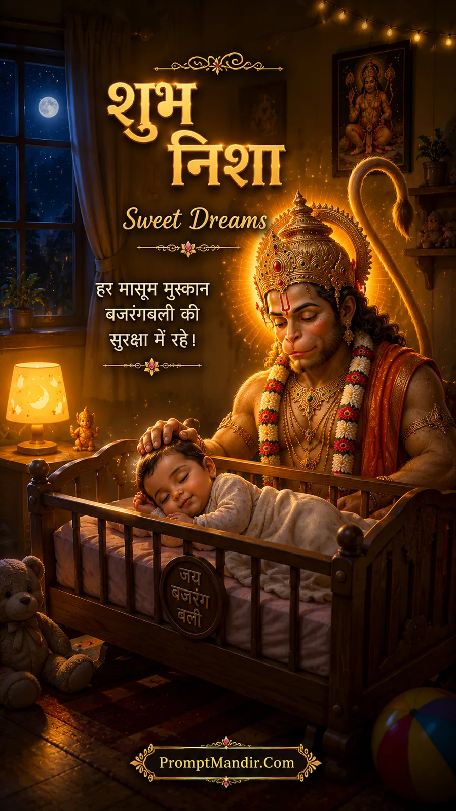 Lord Hanuman blessing a sleeping baby in a crib, with a soft divine glow, a teddy bear, and a 'Jai Bajrang Bali' sign