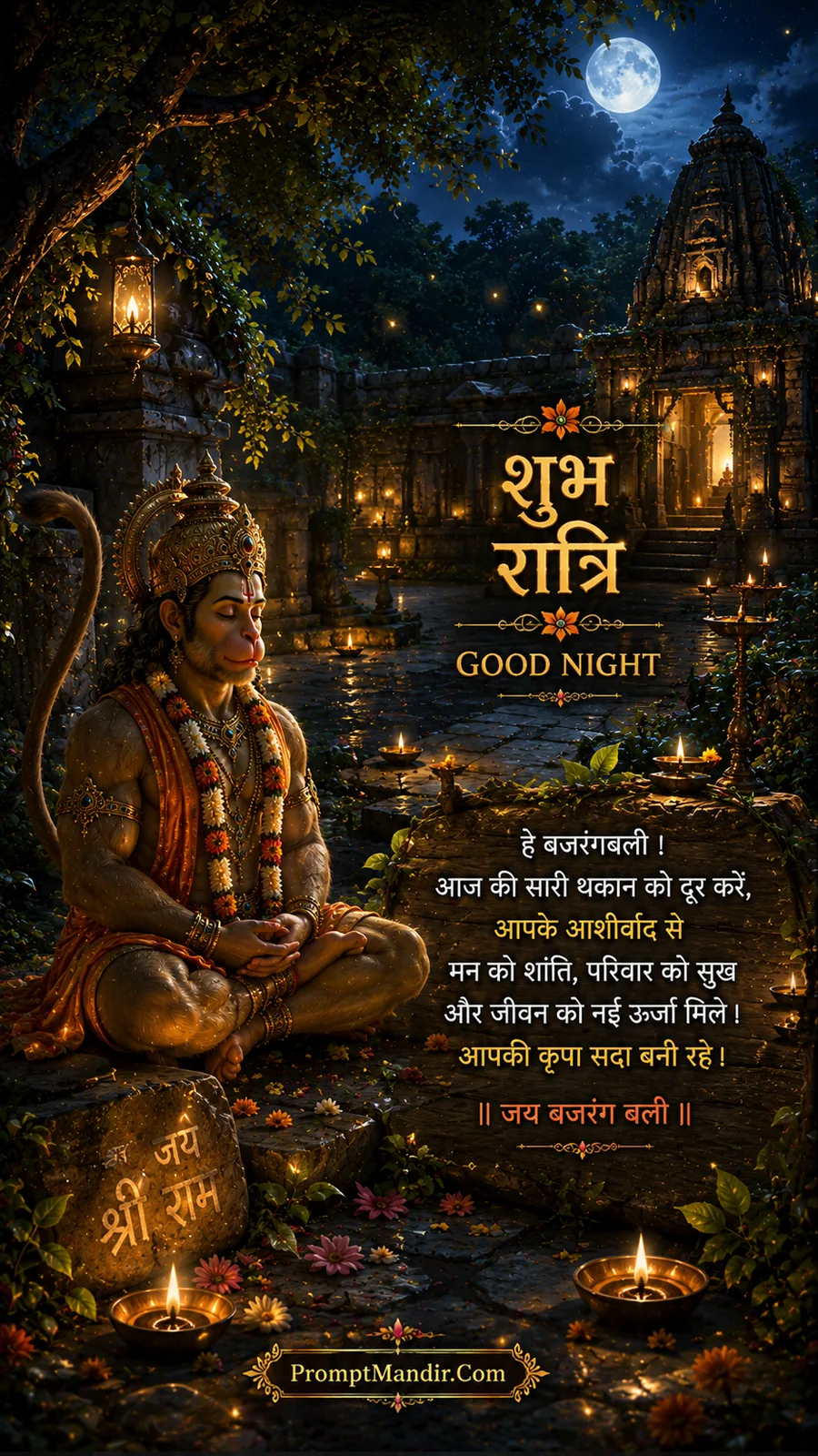 Lord Hanuman meditating in a temple courtyard at night, with a glowing diya and a stone with 'Jai Shri Ram' written on it