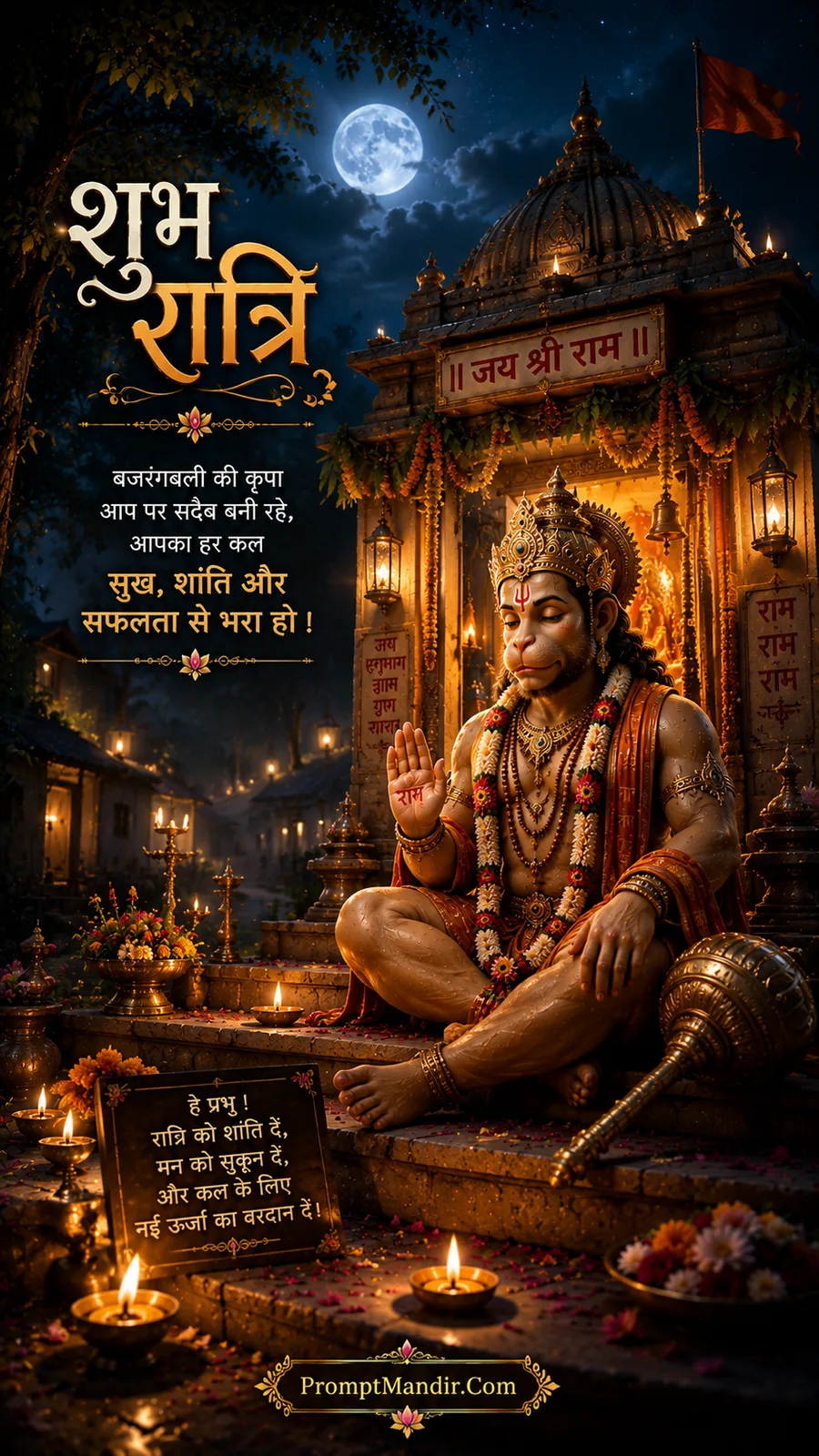 Lord Hanuman sitting in meditation in a snowy Himalayan cave under a full moon, with a small shrine and a lit diya