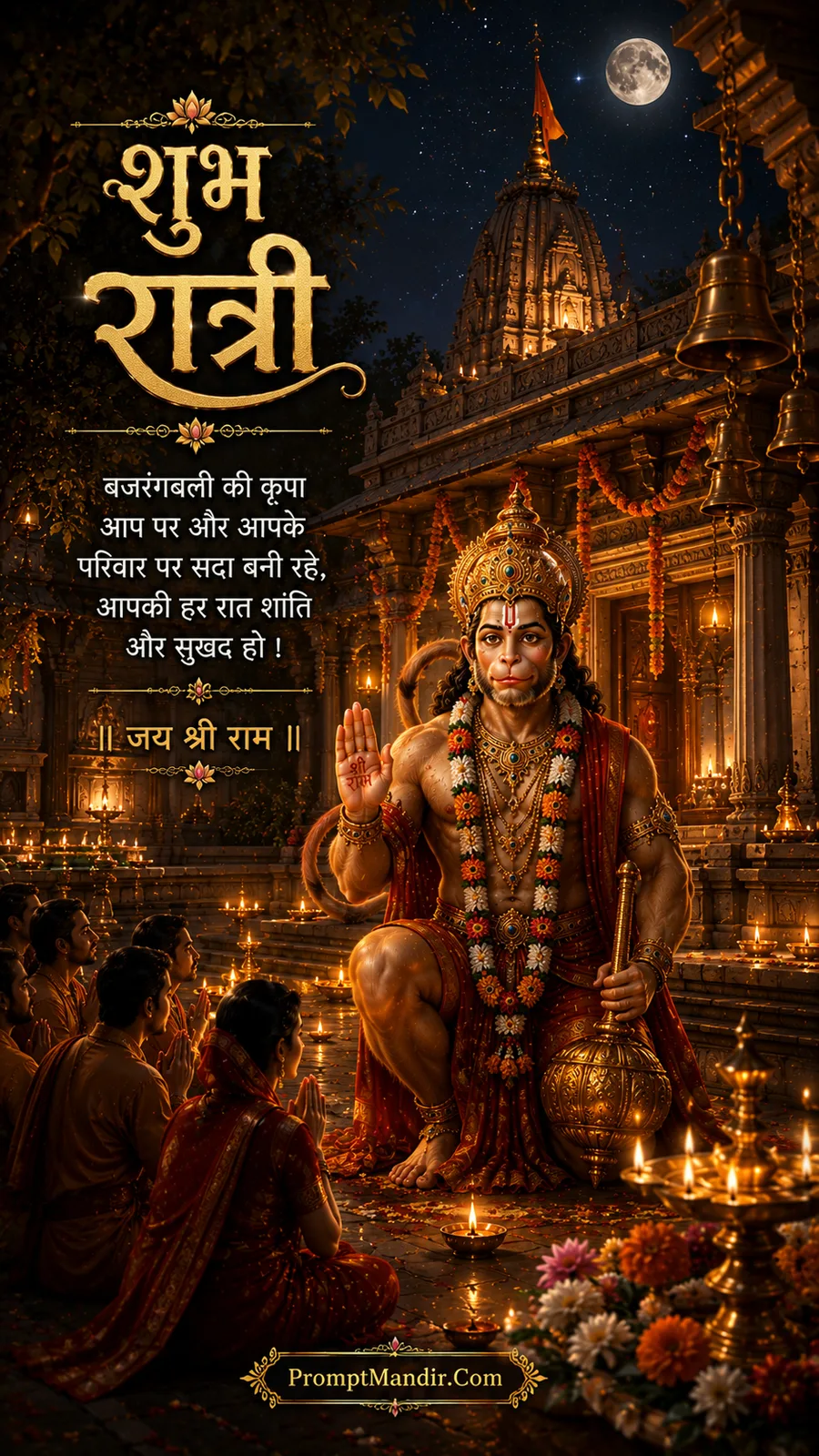 Lord Hanuman meditating in the rain on temple steps at night, with a lit diya and glowing temple lights