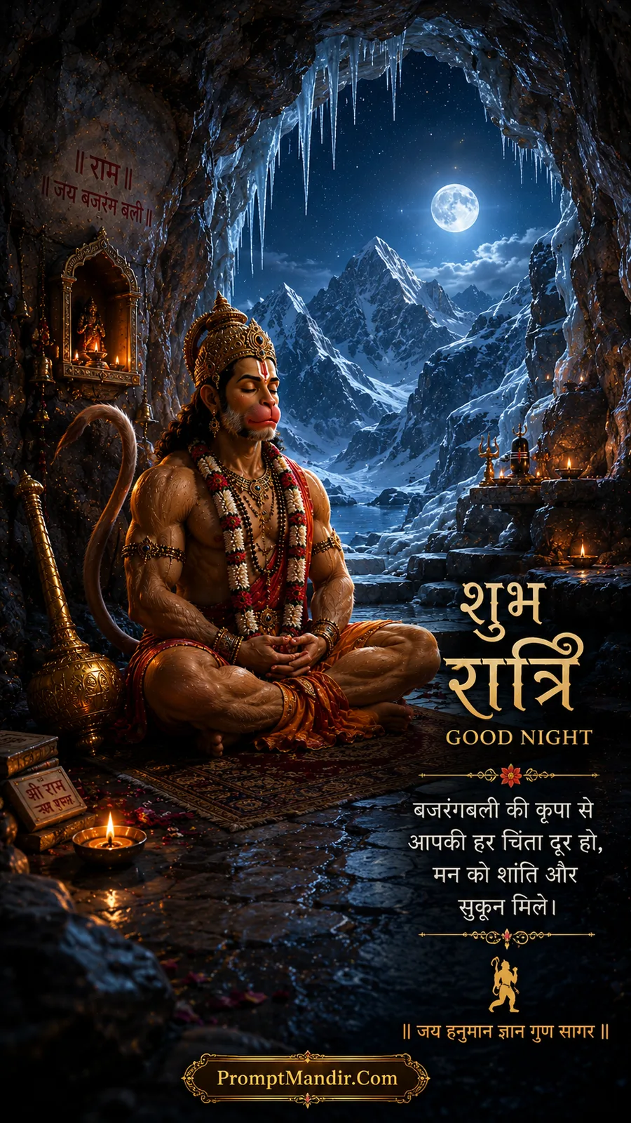 Lord Hanuman blessing a group of devotees in a lit temple courtyard at night, with a full moon and glowing lamps