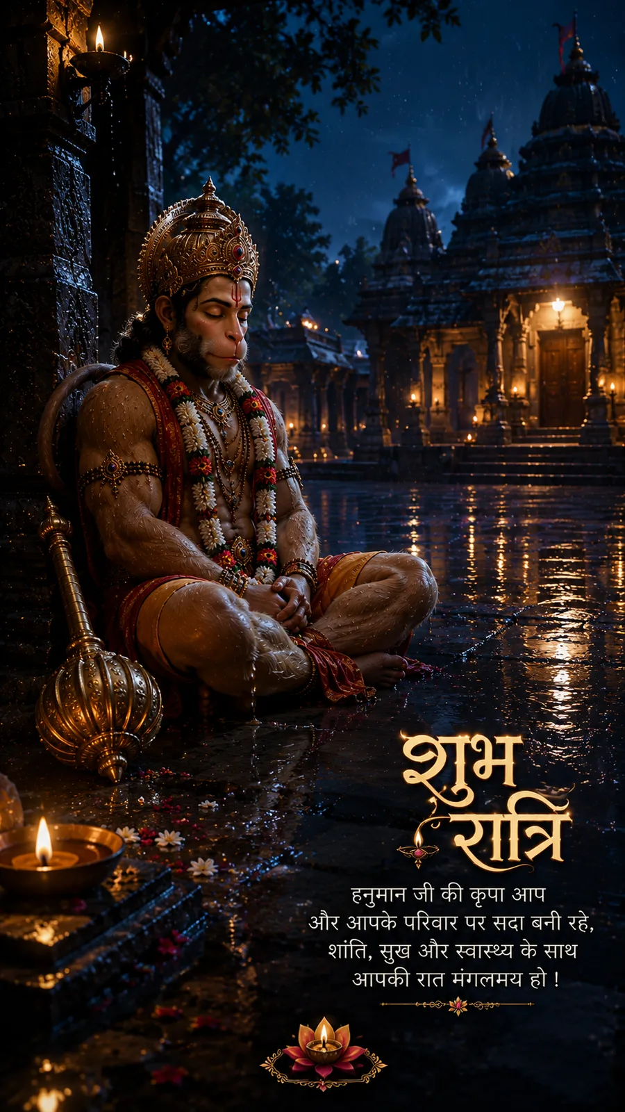 Lord Hanuman meditating in a temple courtyard at night with lit diyas, a 'Ram Ram' sign, and a small shrine