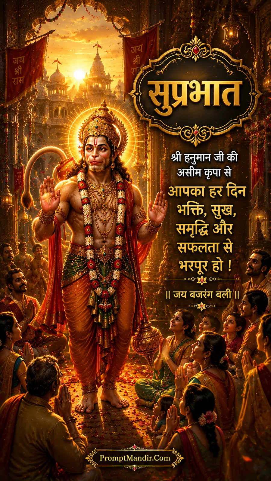 Lord Hanuman standing majestically in a grand temple at sunrise, blessing devotees with both hands, with a divine halo and a gold Gada