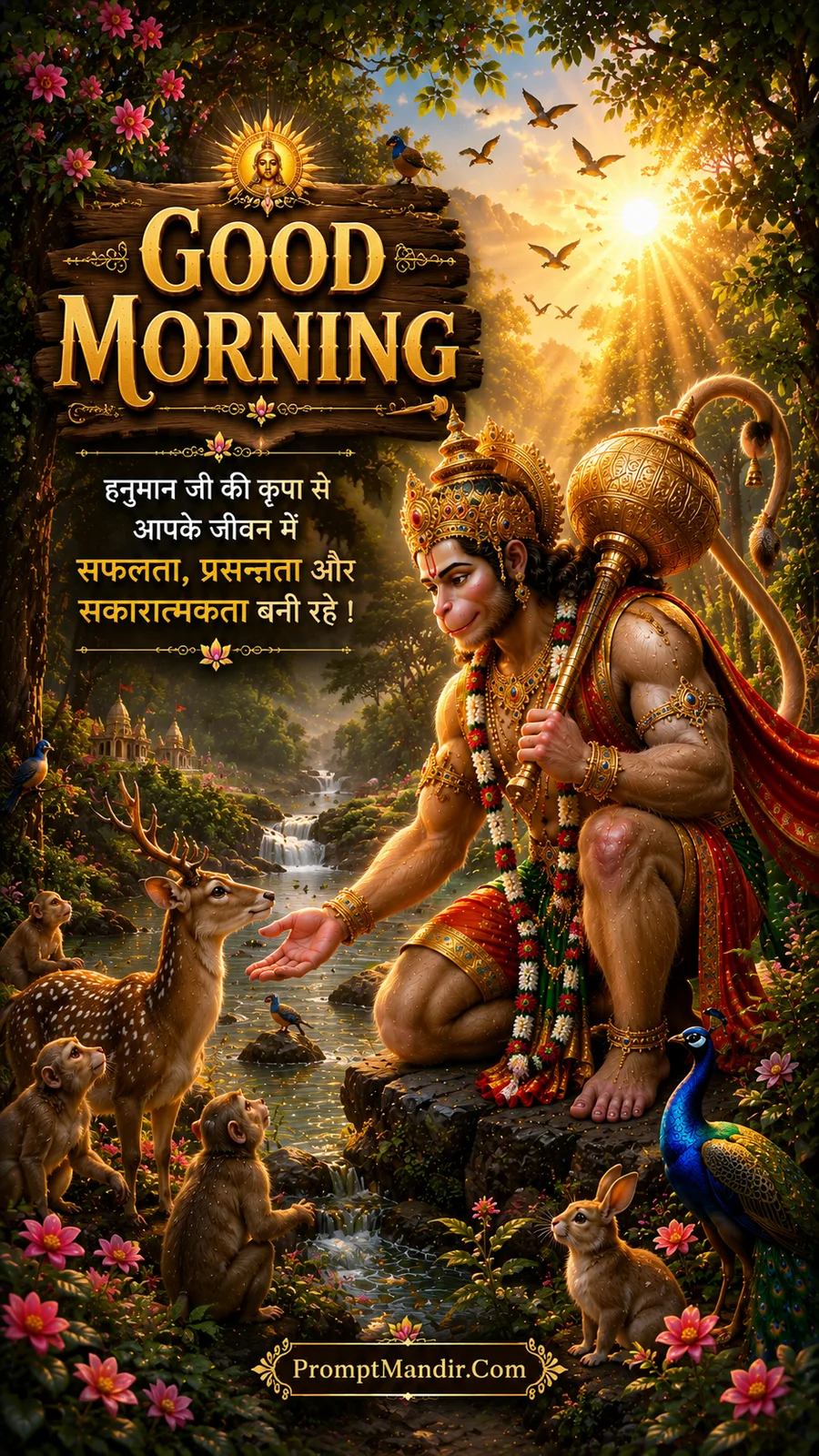 Lord Hanuman kneeling in a golden forest, gently feeding a deer, surrounded by monkeys, a peacock, and a rabbit