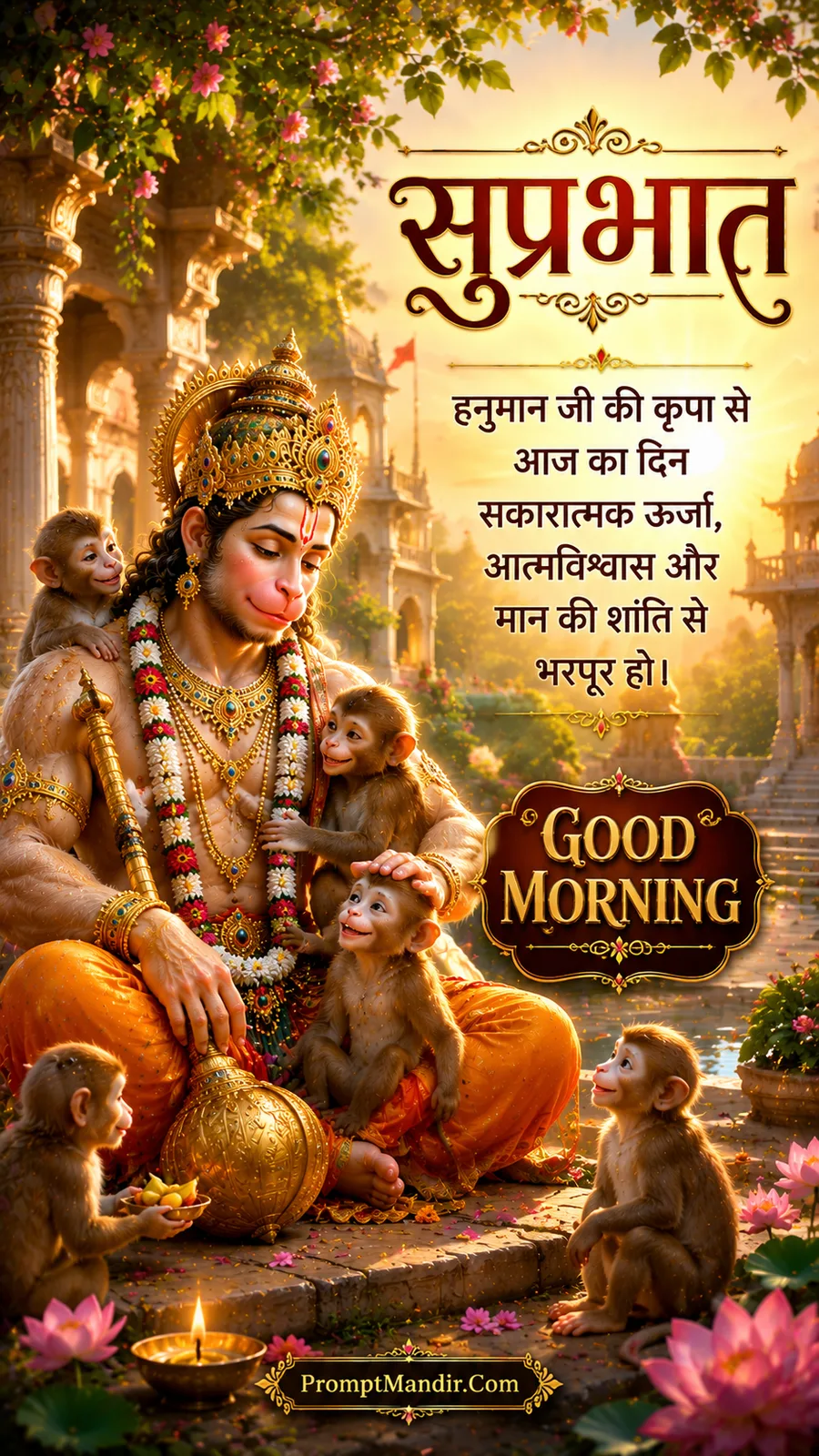 Lord Hanuman sitting on a temple step, surrounded by playful baby monkeys, blessing them with a gentle touch